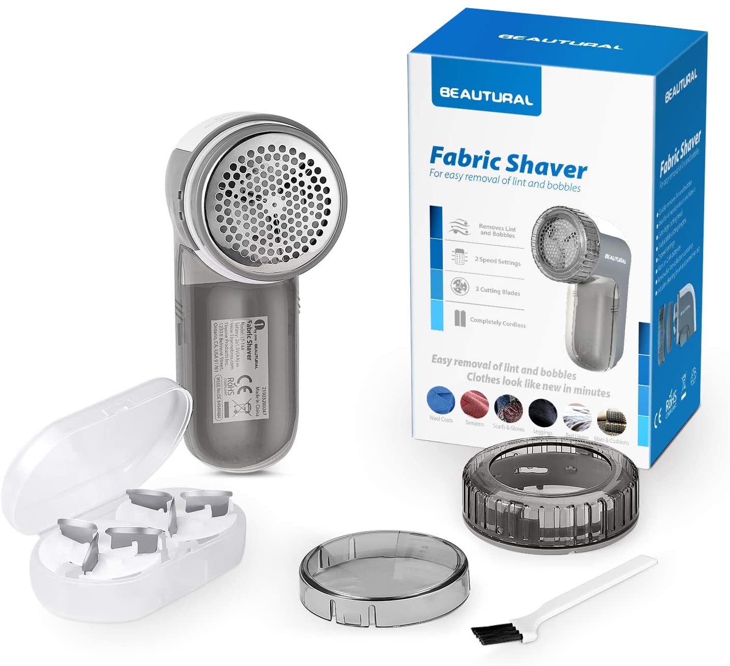 Fabric Shaver and Lint Remover， Sweater Defuzzer with 2-Speeds， 2 Replaceable Stainless Steel Blades， Battery Operated， Remove Clothes Fuzz， Lint Balls， Pills， Bobbles