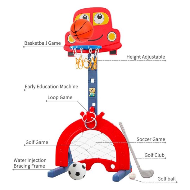 EALING BABY 5 in 1 Toddler Basketball Hoop Sports Center with Soccer Goal Golf and Ring Toss Game -- Red Car