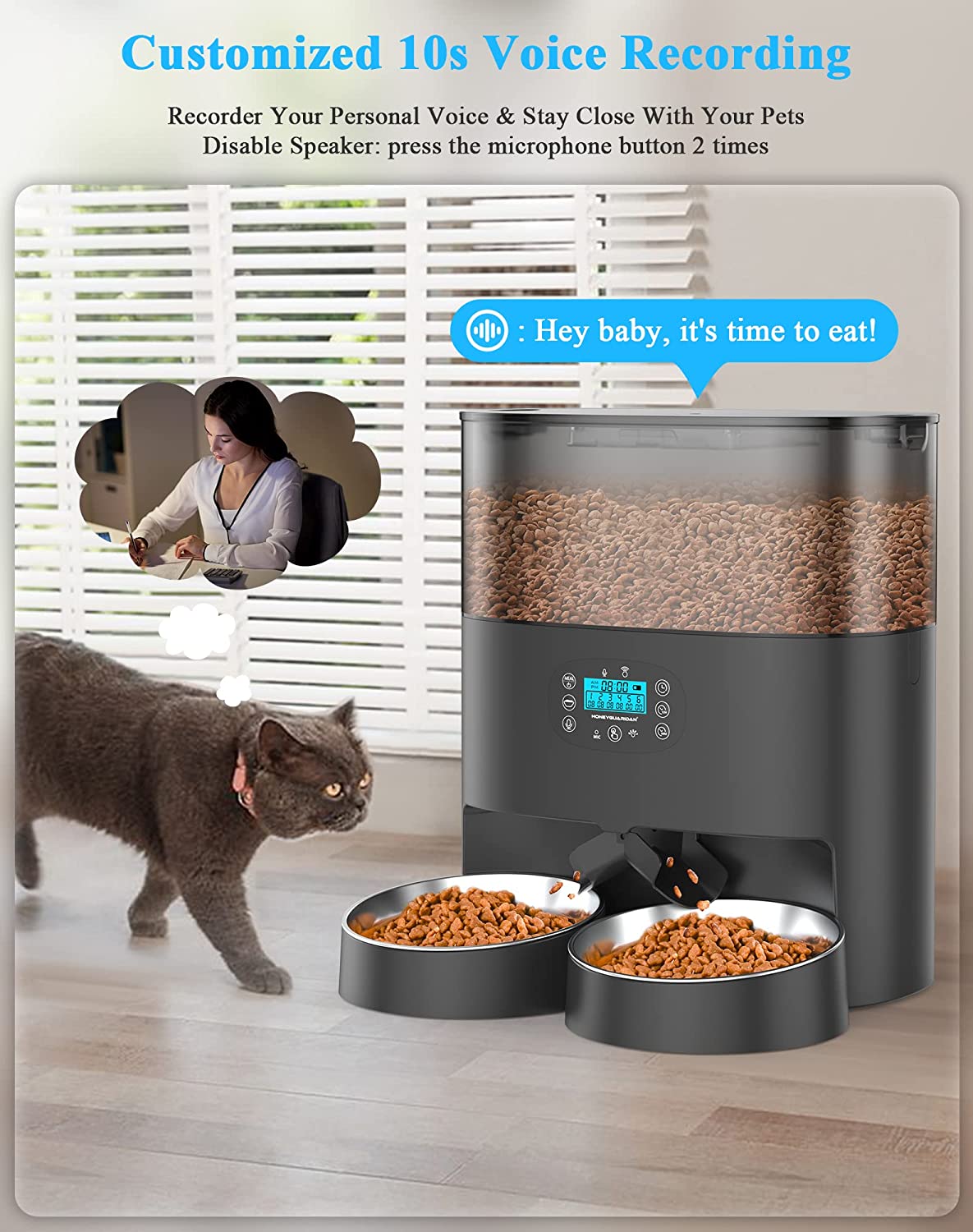 6L Automatic Cat Feeder for 2 Cats， 2.4G WiFi Enabled Smart Feed Automatic Pet Feeder for Cats and Dogs， Timed Pet Food Dispenser with Stainless Steel Bowl APP Control， 10s Voice Black