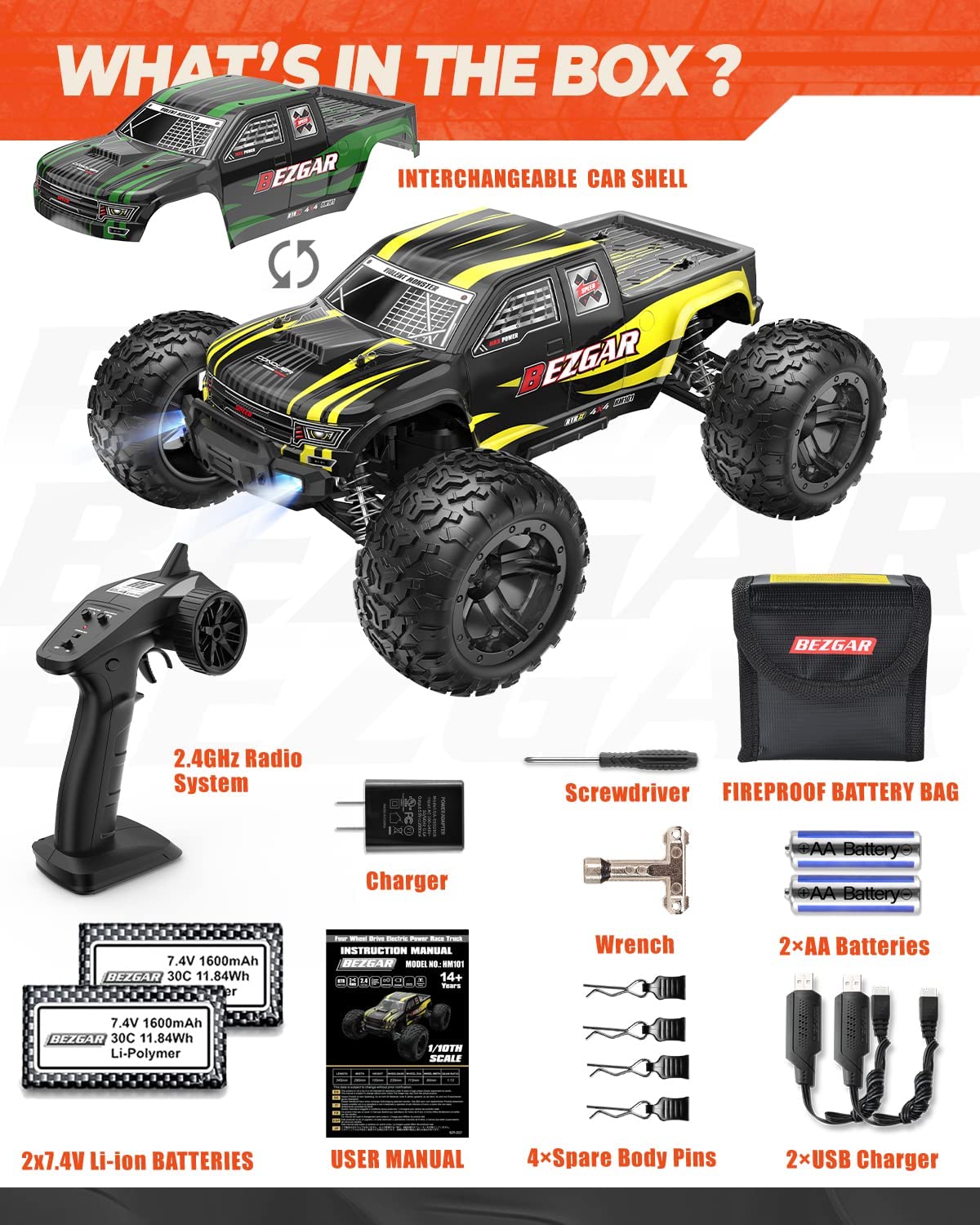 BEZGAR 1:10 Remote Control Cars for Adults， 42KM/H RC Cars 4WD High Speed Brushed RC Trucks for Kids