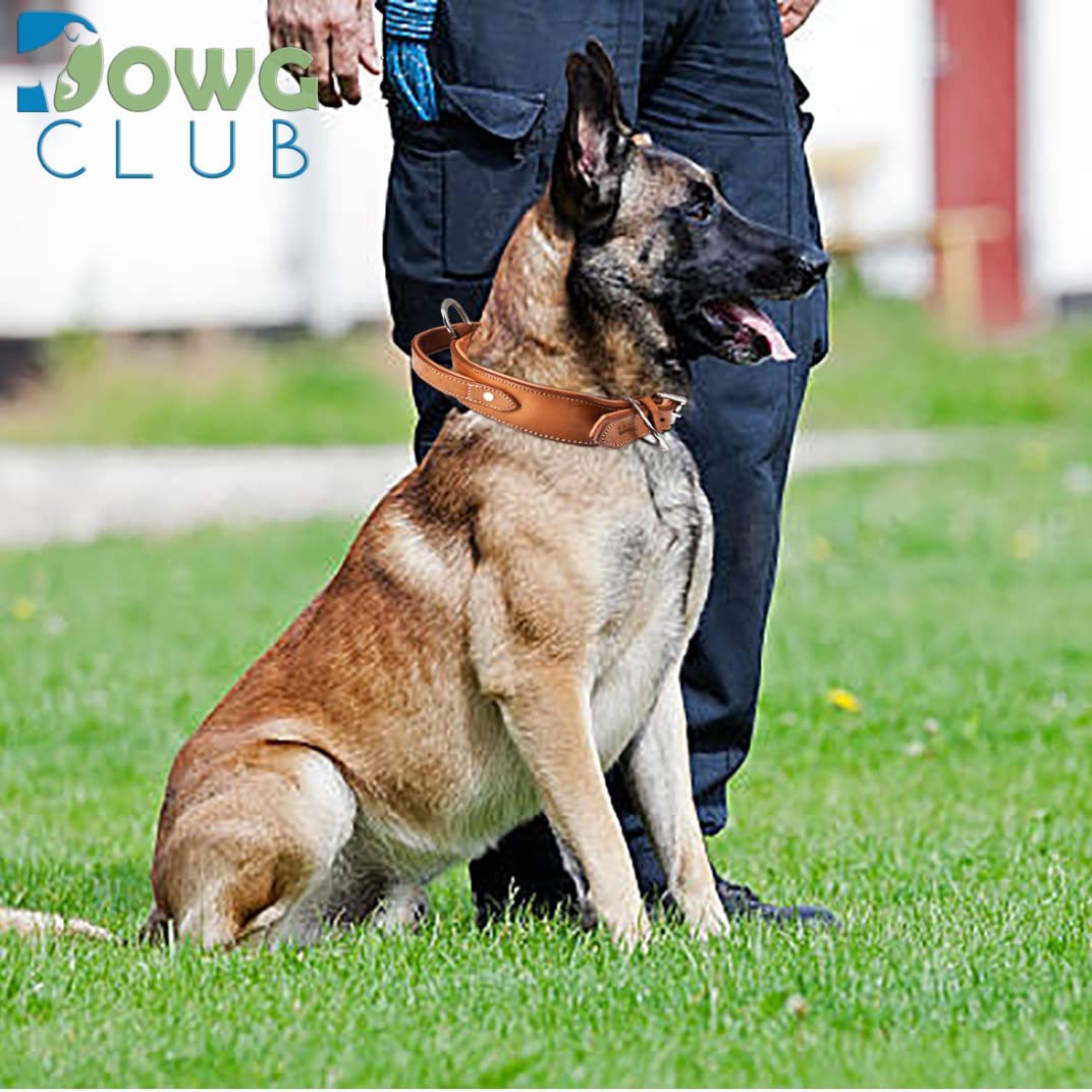 DowgClub | Genuine Leather Heavy Duty Tactical Dog Collar with Handle | Saddle Grade， Full Grain， Heavy Duty | Comfortable， Cushion Padding Inside， Strong | Best for Medium， Large and X-Large Breeds