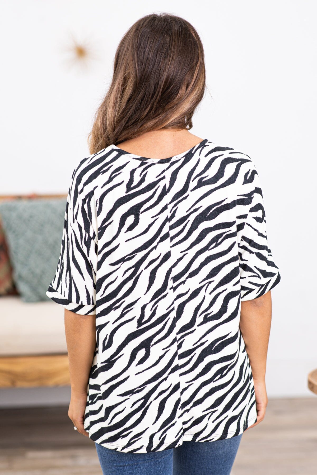 Black and Ivory Zebra Print V-Neck Top