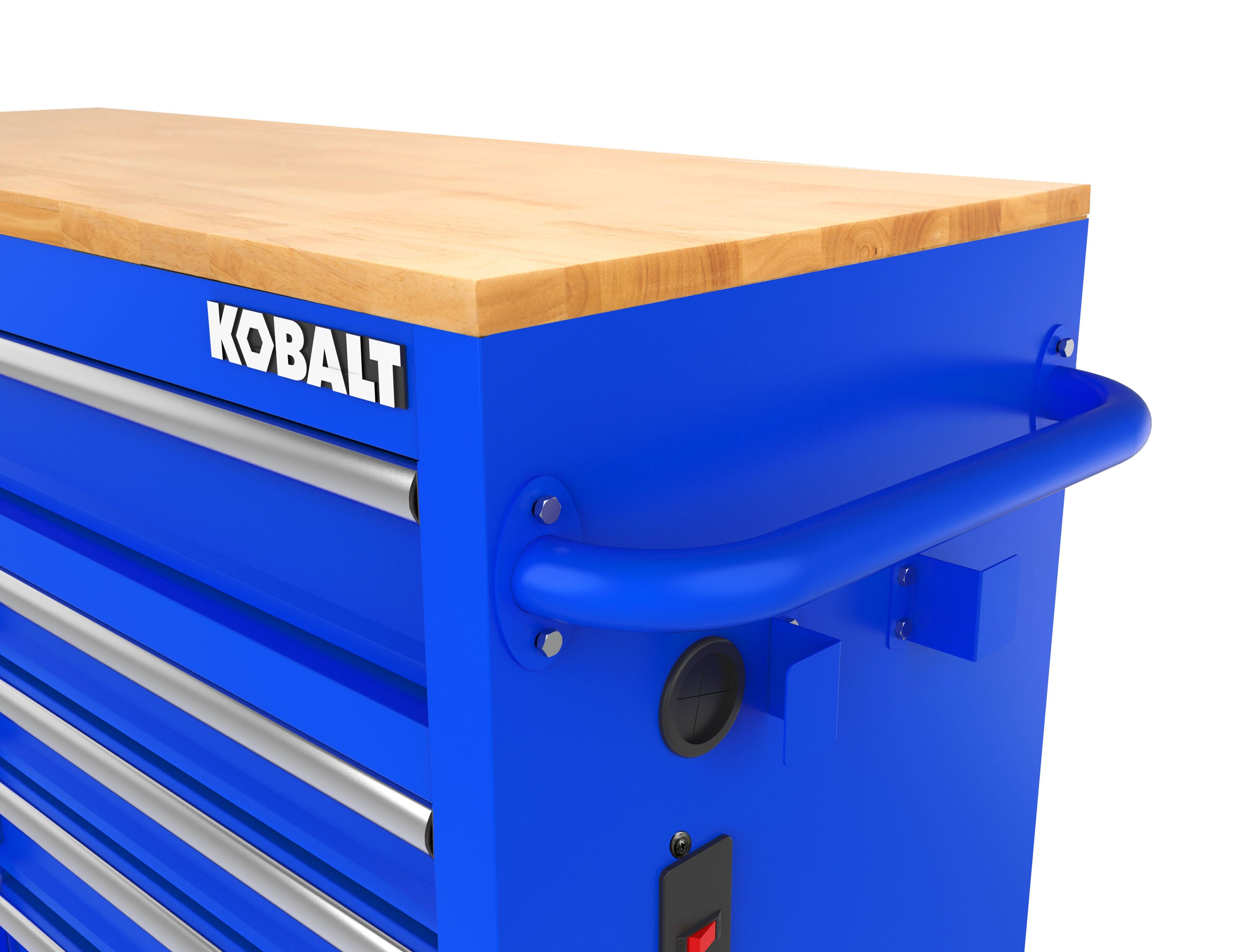 Bancada de trabalho Kobalt com 9 gavetas, 117 cm de comprimento x 94,5 cm de altura, em madeira preta/azul, com rodízios.