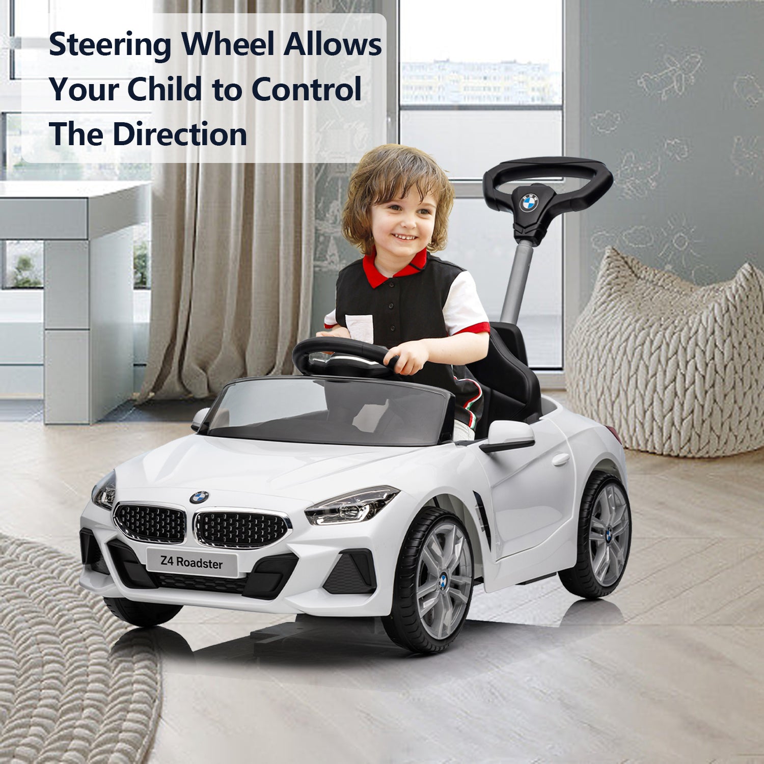 FUNYARD Push Ride-on Car for Toddlers 1-5， Licensed BMW Z4 Toddler Push Car with Adjustable Push Rod/Horn Music