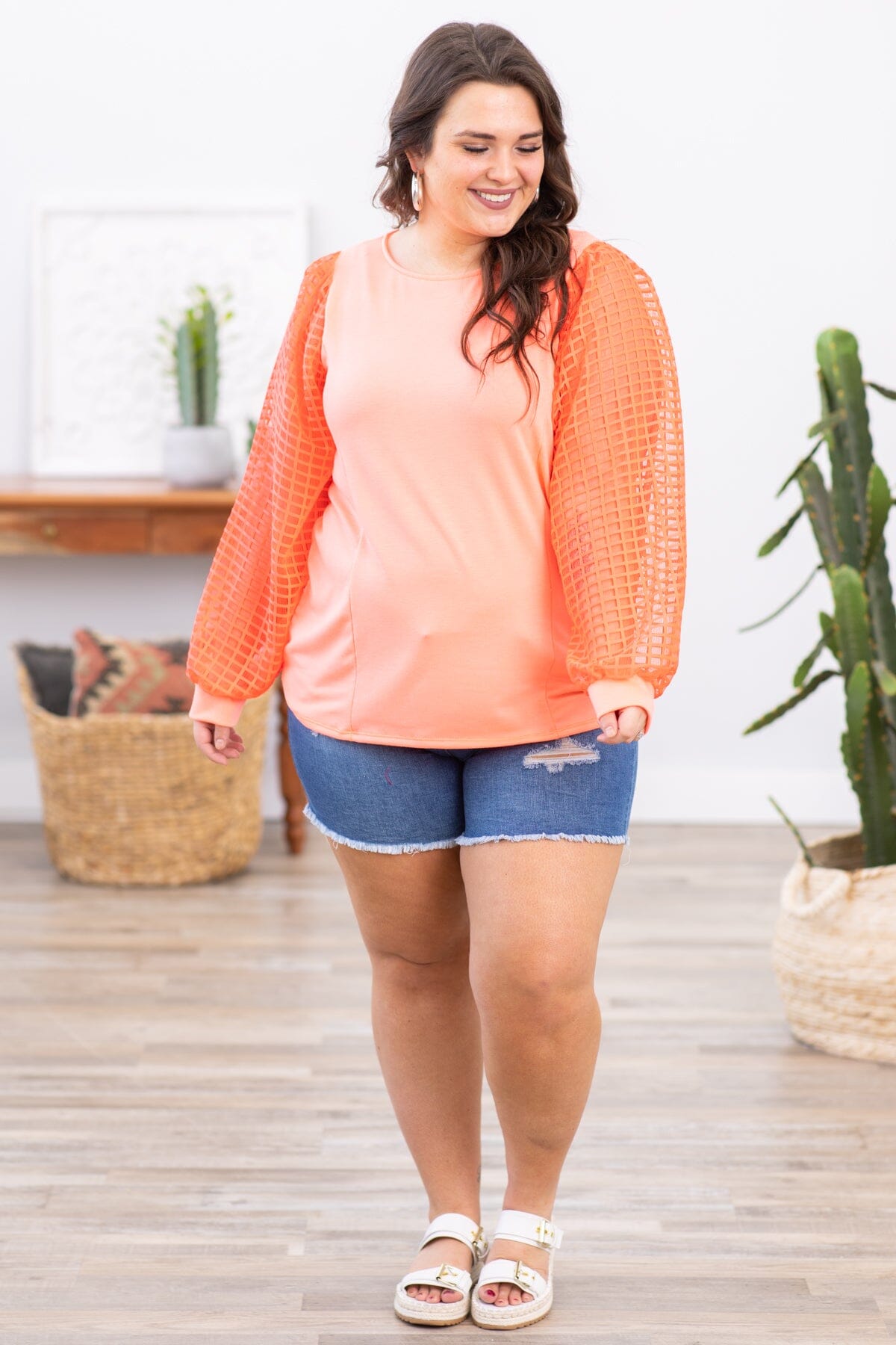 Neon Coral Textured Ballon Sleeve Top