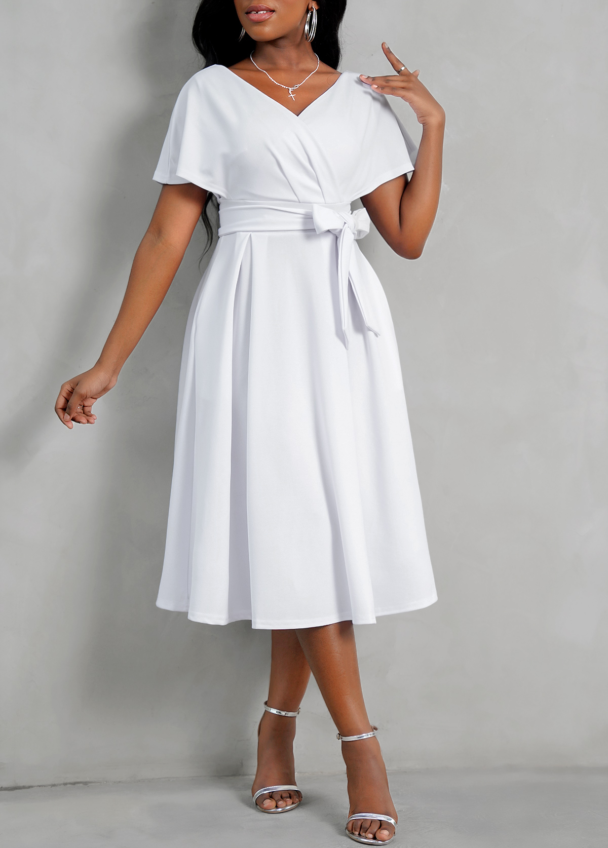 Cross Front Belted Short Sleeve Dress