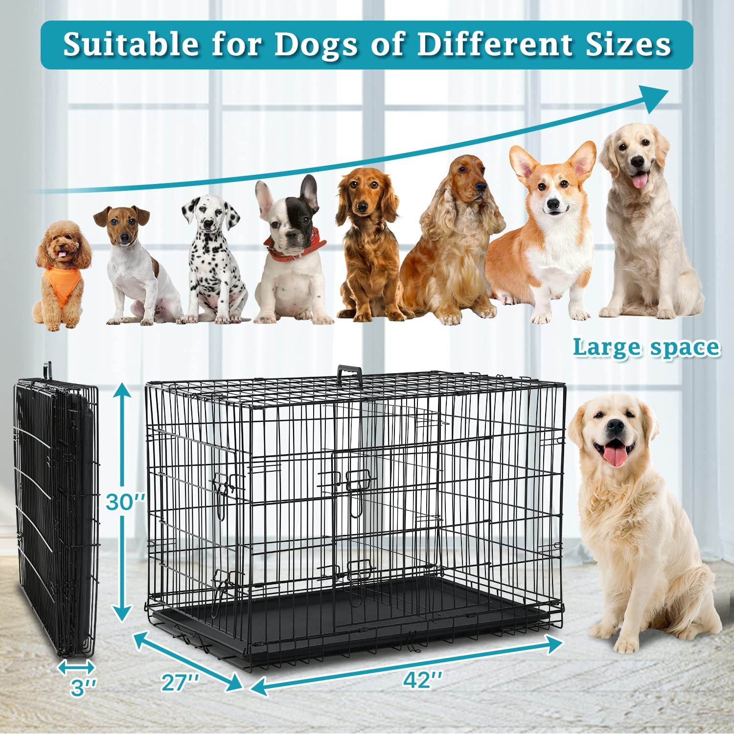 Dkelincs 42 inch Heavy Duty Dog Cage Foldable Dog Crate w/2 DoorsandDivider XL Dog Kennel w/Handle for Medium Puppy