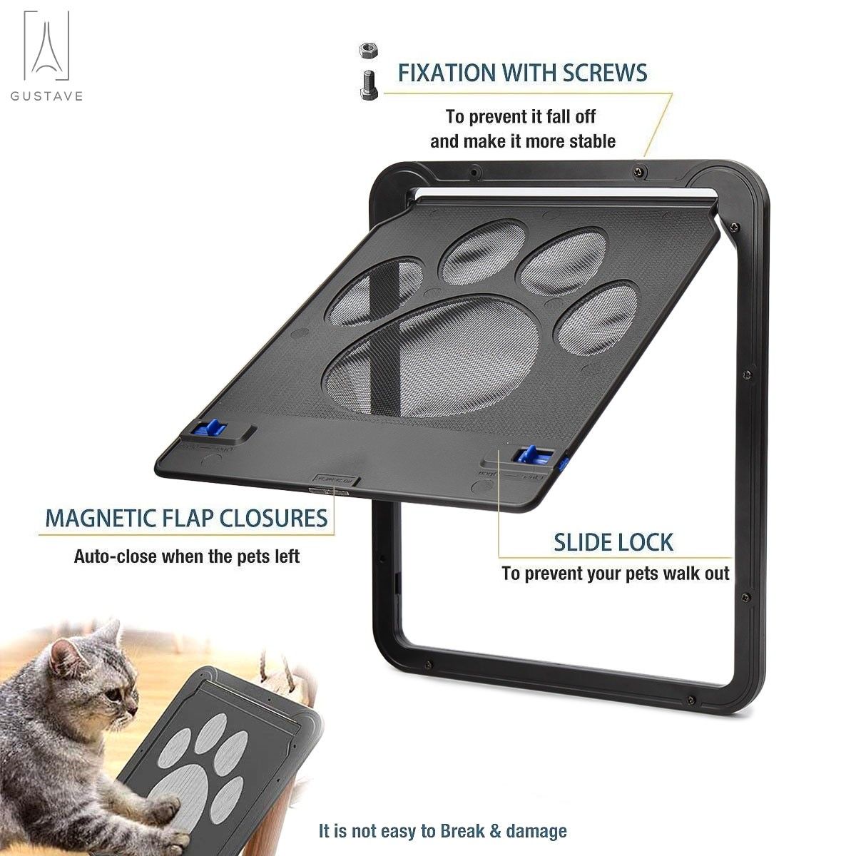 Gustave Dog Door Pet Screen Door Black with Magnetic Flap Automatic Close Lockable Cat Door Screen Gate for Small Dog and Cat