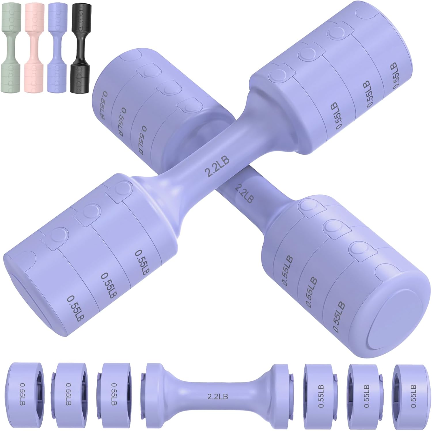 여성용 무게 조절식 덤벨 세트 (2개입), 각 11lb/쌍, 개당 2.2lb, 3.3lb, 4.4lb, 5.5lb 무게의 홈짐 피트니스 트레이닝용 덤벨 세트