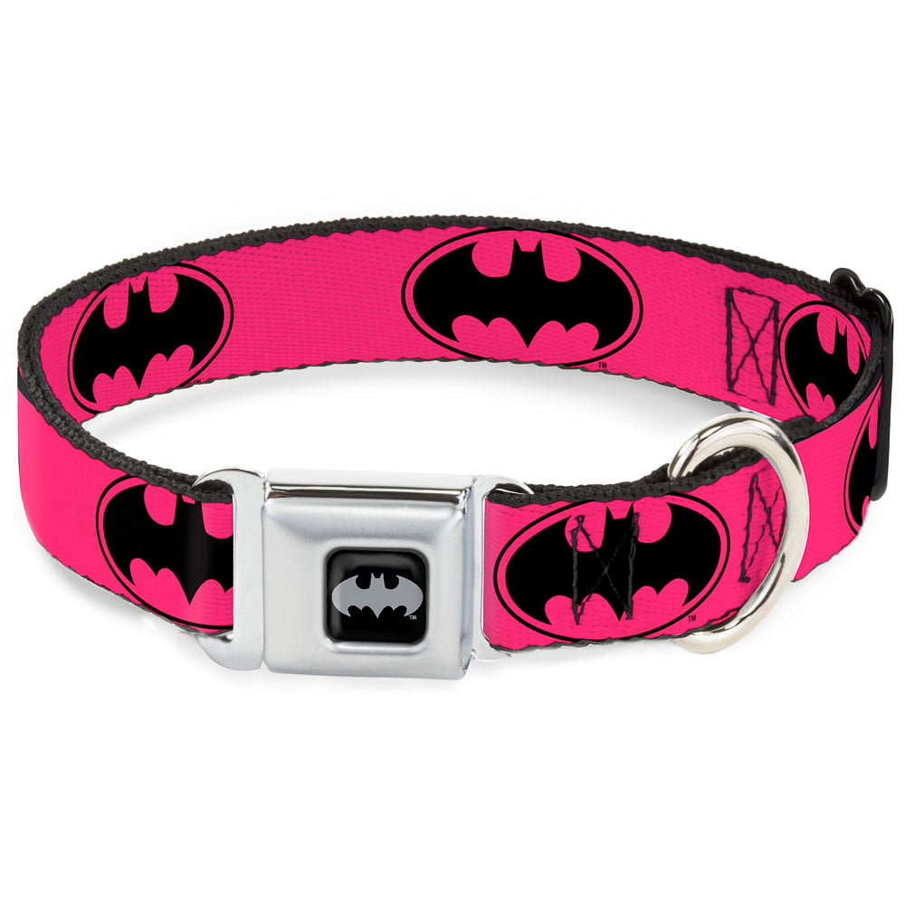 DC Comics Pet Collar， Dog Collar Metal Seatbelt Buckle， Bat Signal Fuchsia Black Fuchsia， 15 to 24 Inches 1.0 Inch Wide