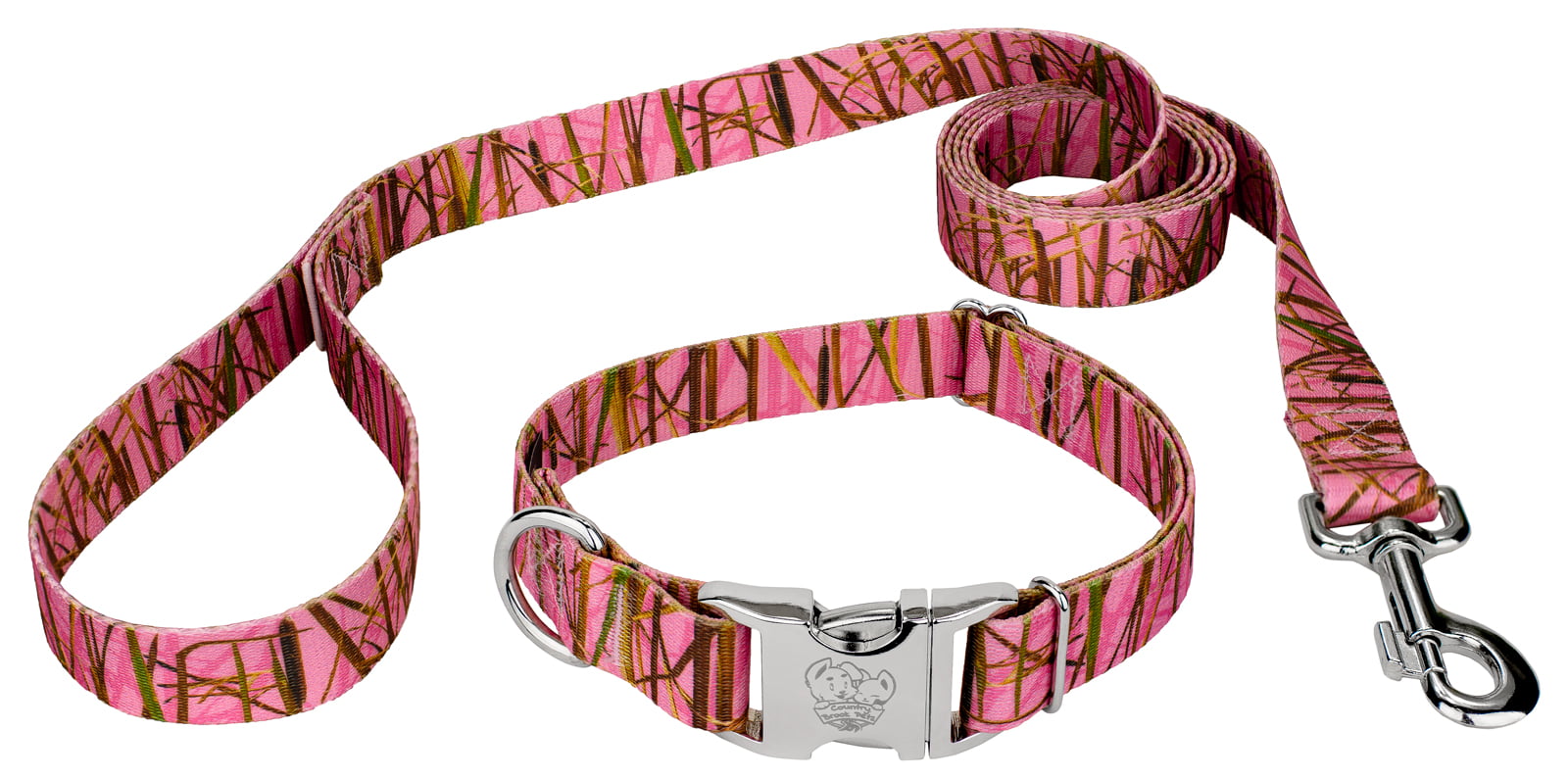 Country Brook Petz® Premium Pink Waterfowl Camo Dog Collar and Leash， Medium