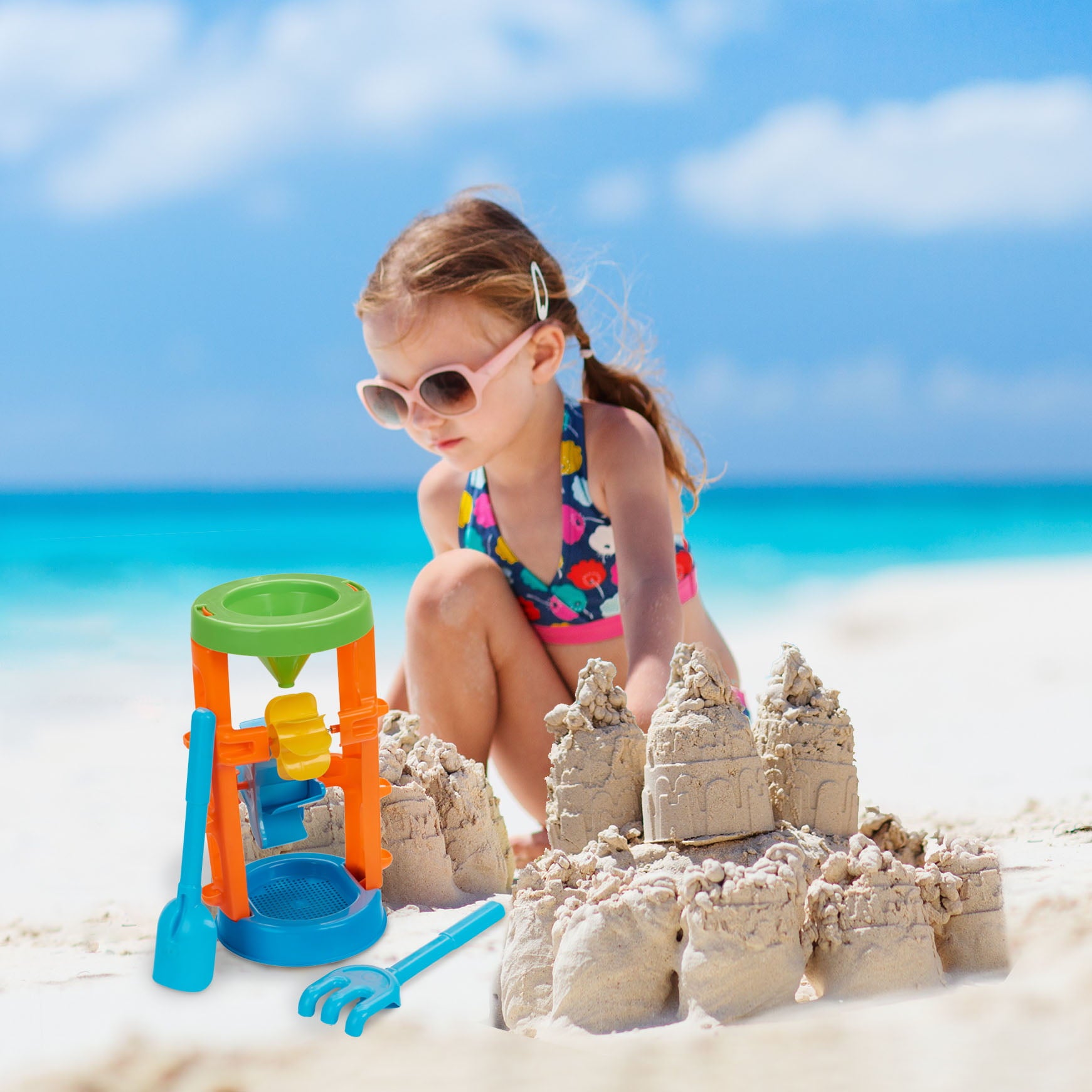 Play Day Kids’ Sand & Water Wheel Tower with Shovel & Rake – Beach Sand Water Toy