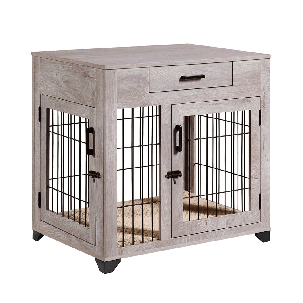 Unipaws Dog Crate with Drawer， Furniture Style Pet Kennels with Double Doors and Cushion