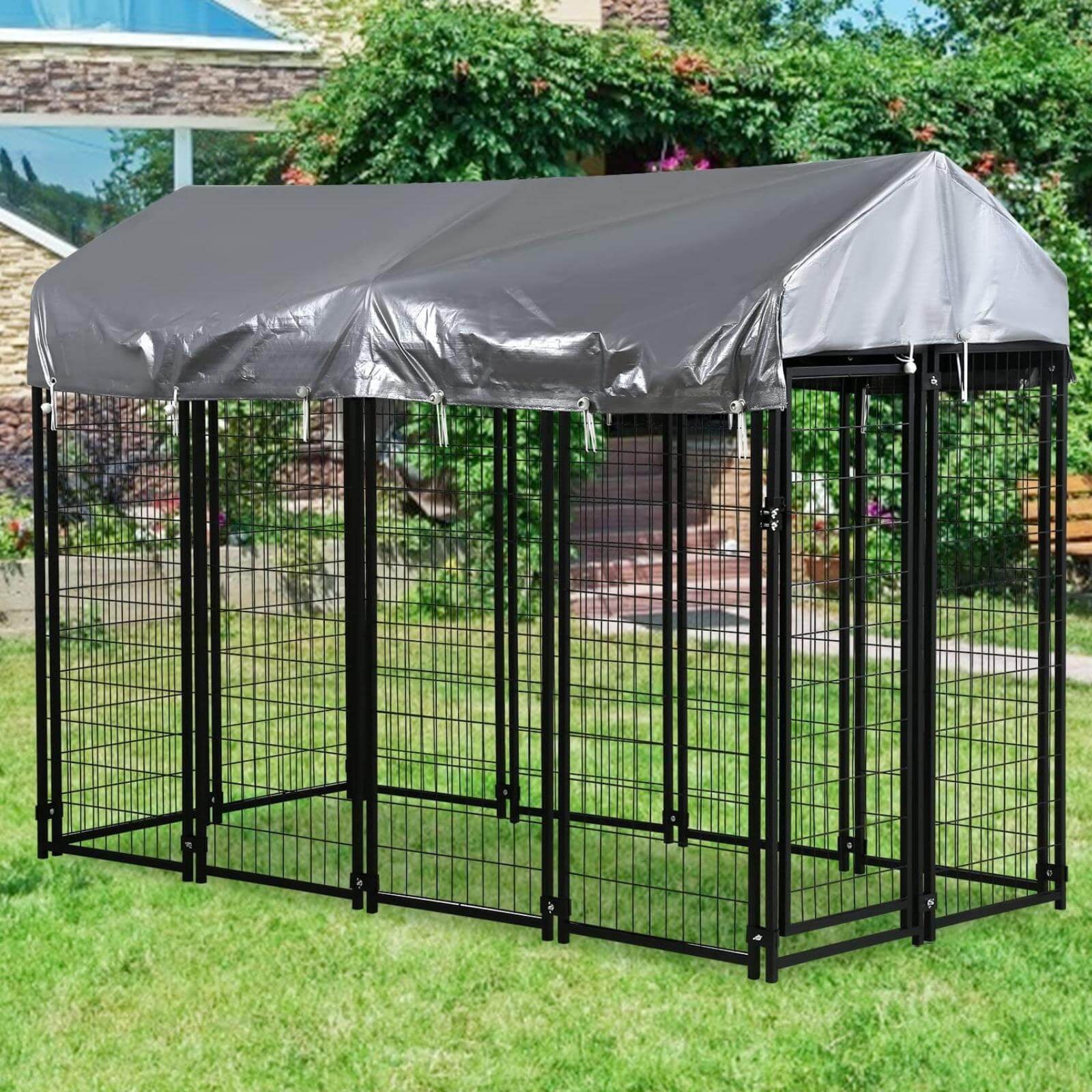 NiamVelo 8'x4'x6' Large Dog Kennel Heavy Duty Playpen Welded Dog Cage with Water-Resistant Cover， Outdoor Dog Fence Crate for Backyard， Black
