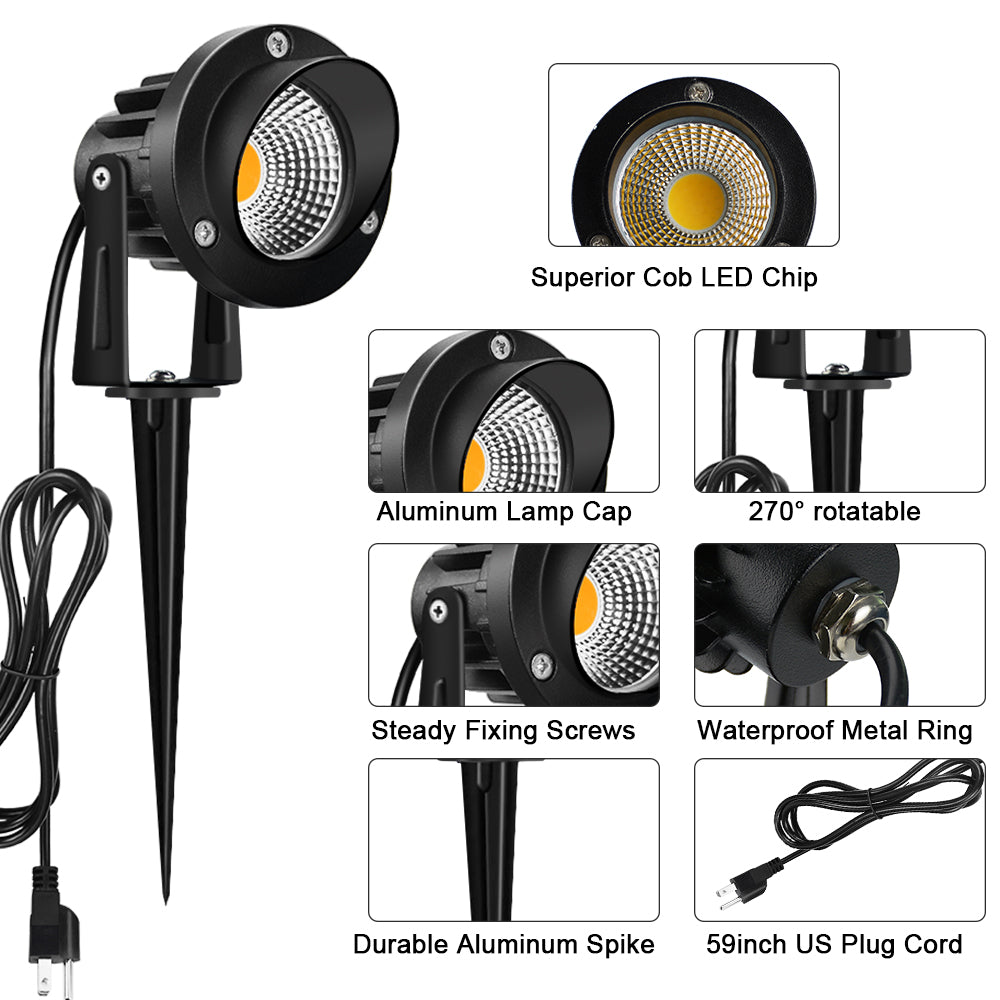 Romwish LED Outdoor Spotlights 120V AC 10W Waterproof Landscape Lighting for Yard with 5ft Plug Cord Warm White(6 Pack)