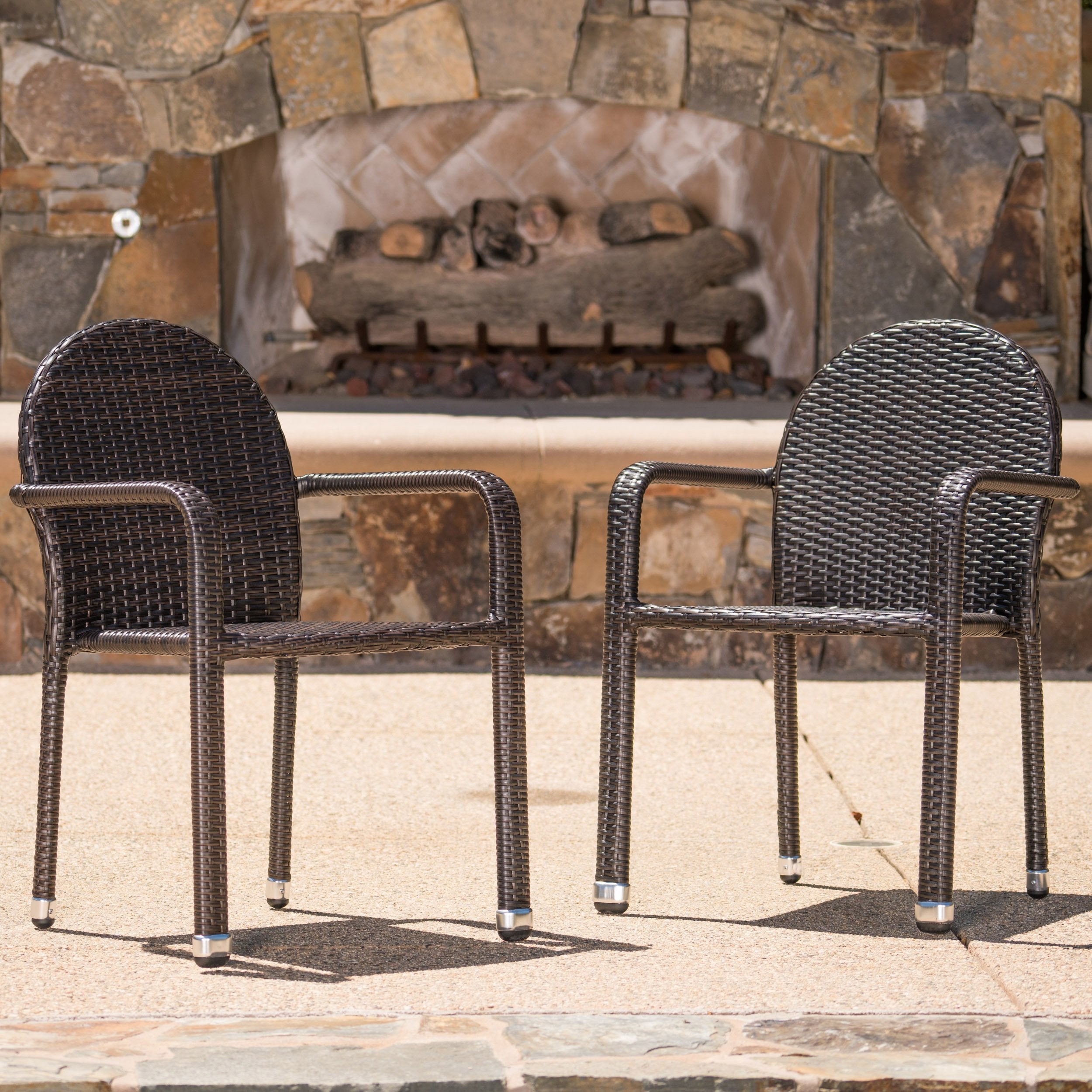 Ava Outdoor Wicker Armed Aluminum Framed Stack Chairs (Set of 2)