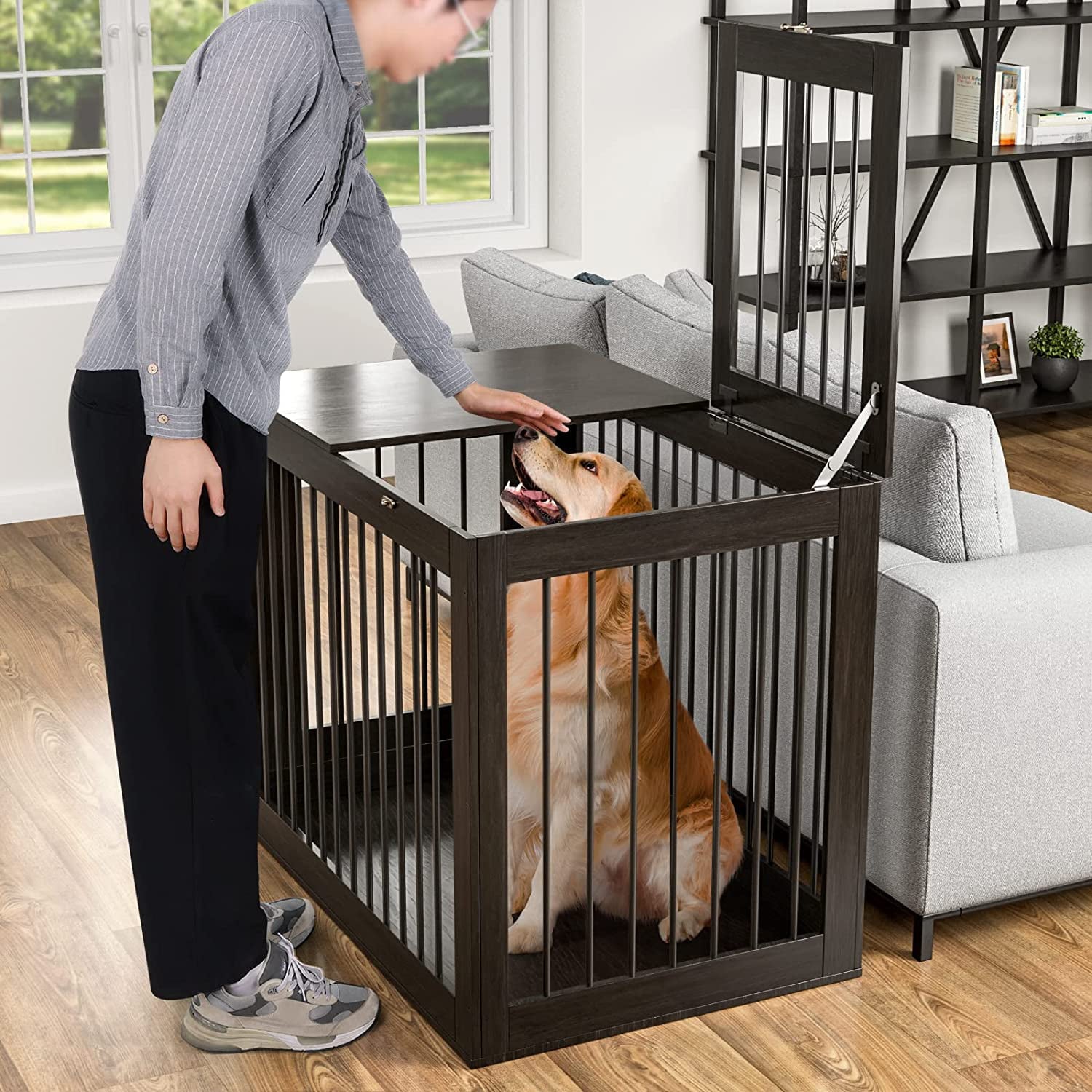 Furpezoo Dog Crate， Large Dog Crate Furniture Wood Two Door Dog Cage， 40