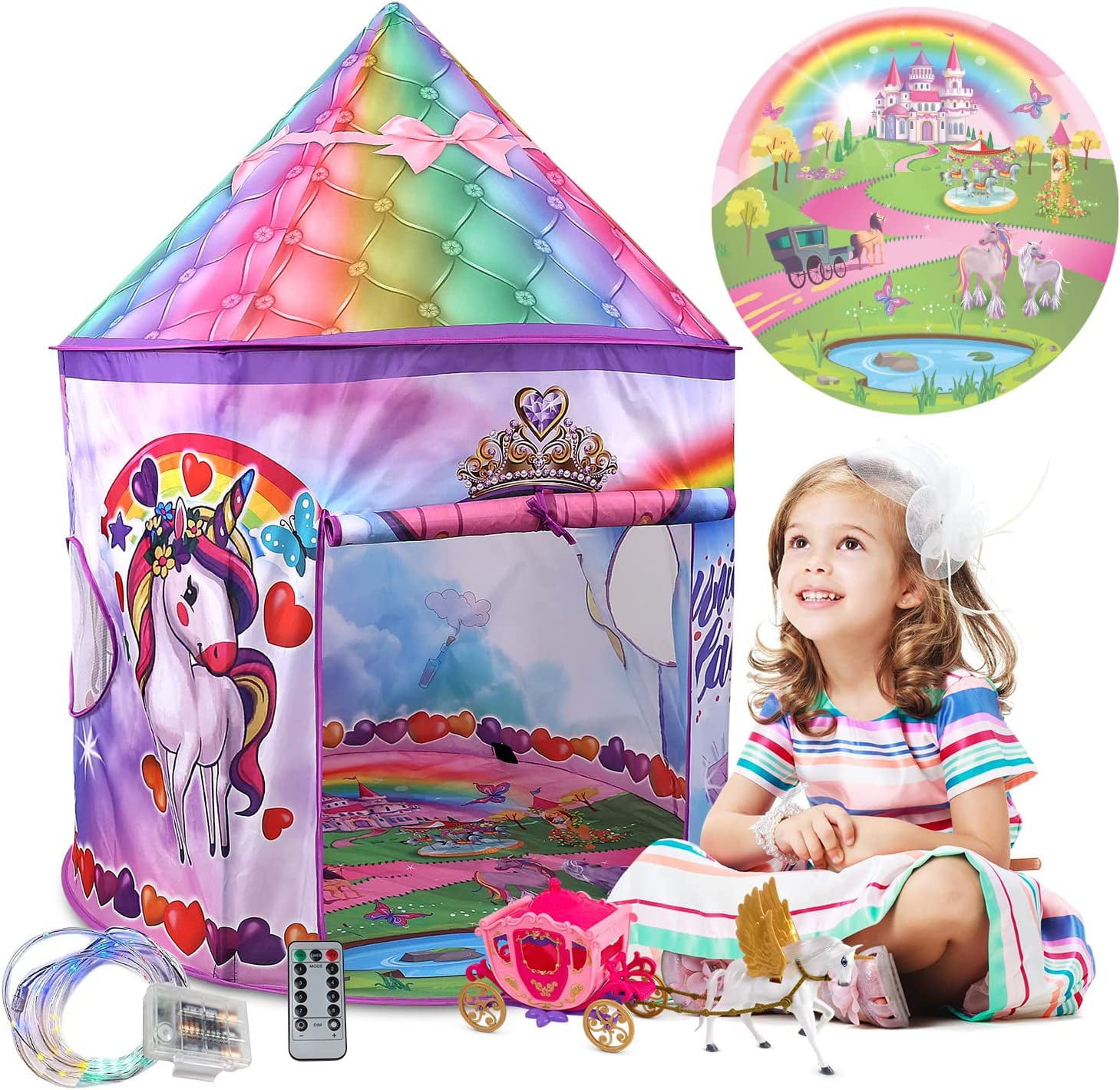 Homeries Unicorn Kids Tent - Sturdy, Large Play Tent Castle Set with Unicorn Chariot Toy & 8 Modes of Mystical LED Lights