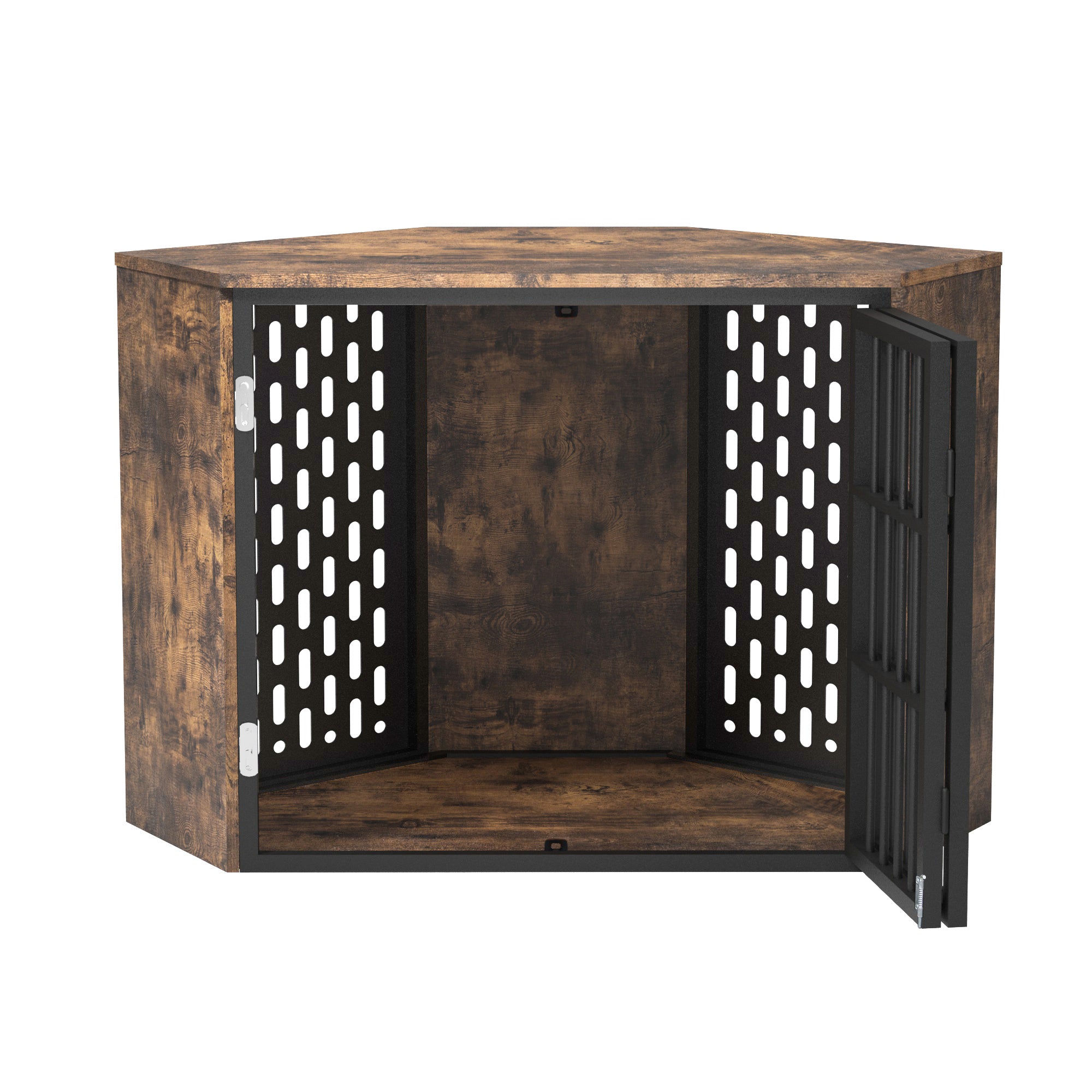 Corner Dog Crate Furniture for Small to Medium Dog， Wood Dog Kennel for Trained Dogs， Rustic Brown