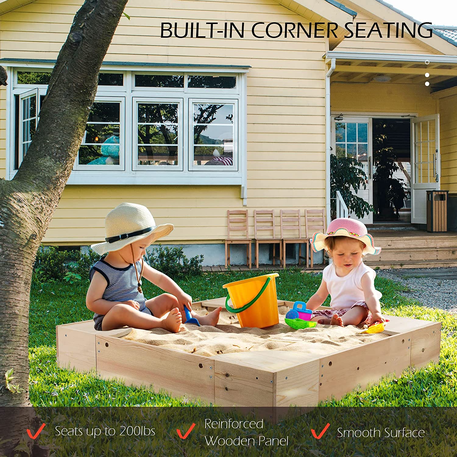 Arlopu Wooden Sandbox with Cover， Outdoor Kids Sandpit Box with 4 Built-in Corner Seats for Toddlers Age 2 to 8