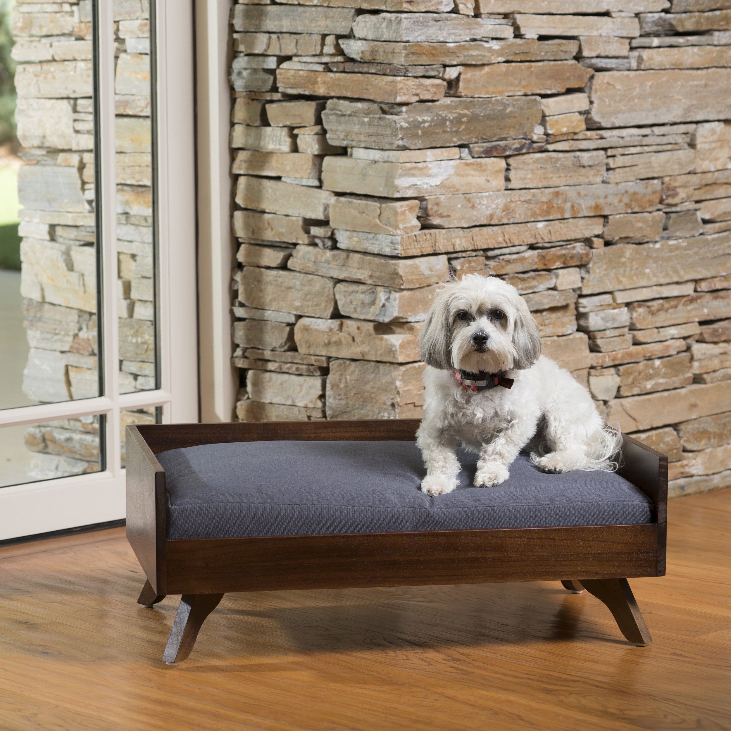 Dorel Acacia Wood Dog Bed with Water Resistant Cushion， Dark Oak