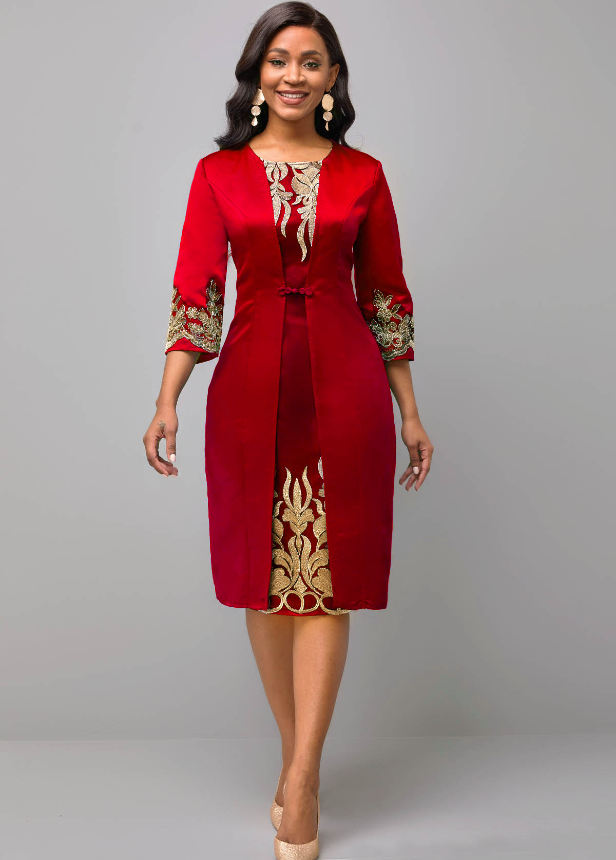 Round Neck 3/4 Sleeve Embroidered Dress