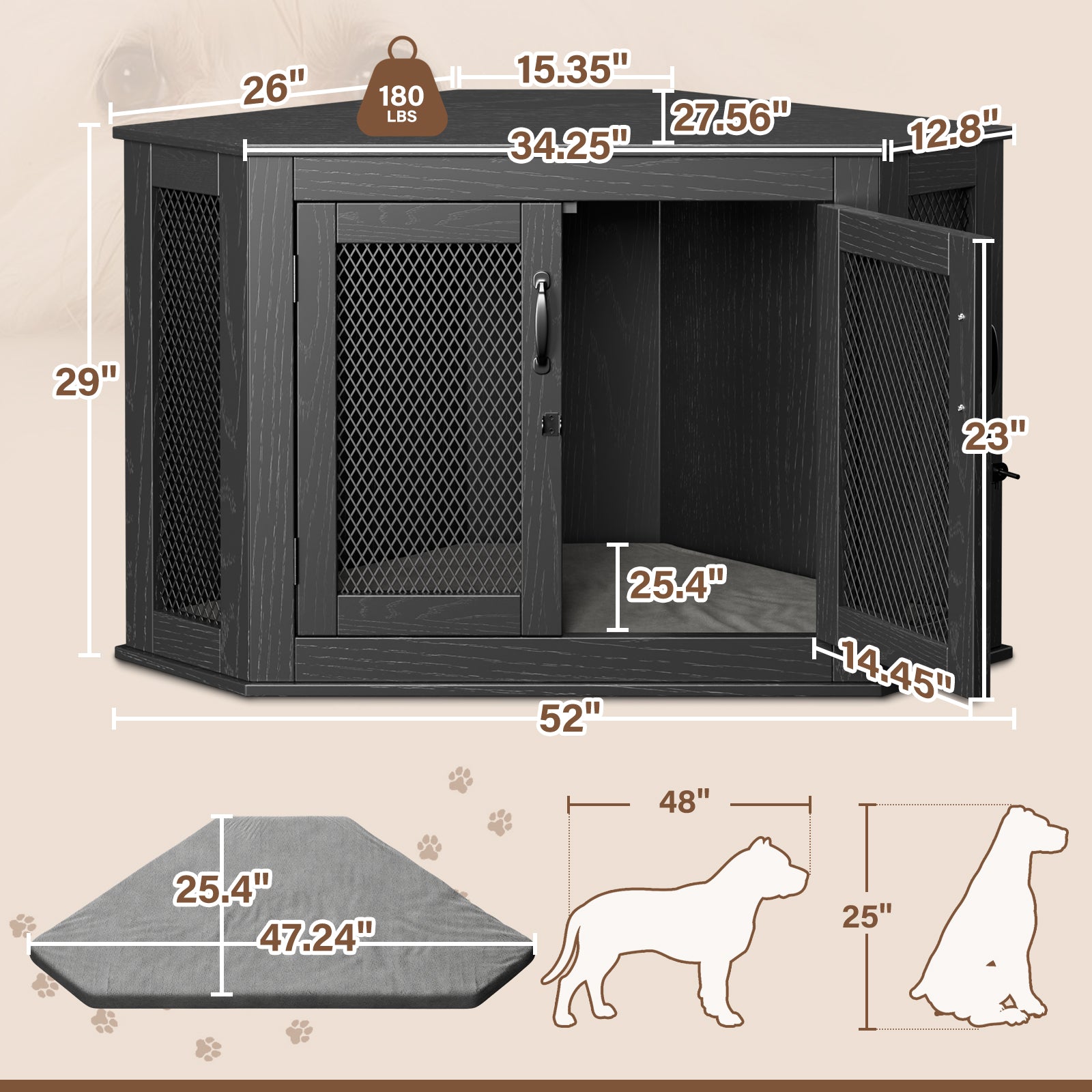 Corner Dog Crate， Wooden Dog Kennel with Cushion， Indoor Dog Crate Cage for Small Medium Dogs， Perfect for Limited Room， L Size， Black