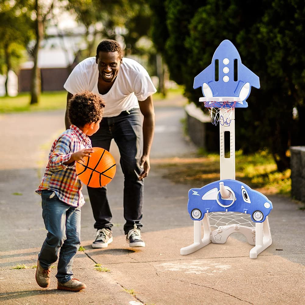 MEZOOM 3-in-1 Basketball Hoop for Kids Toddler Basketball Hoop Sports Indoor Outdoor Adjustable Play Set for Children w/ Soccer Goal， Ring Toss