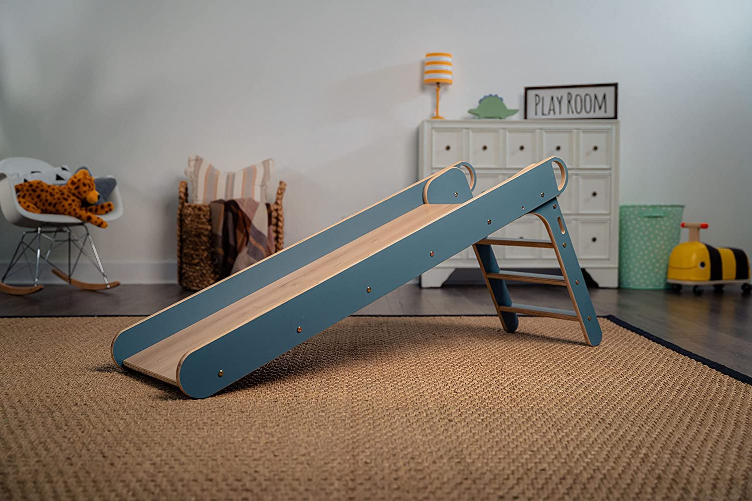 Avenlur Indoor Folding Slip and Slide for Kids - Easy Set Up， Easy to Store Playset， Safe Toy for Toddlers， Foldable Wooden Large First Slide with Extra Long Slipping Slope Ages 1.5 - 4 Years (Blue)