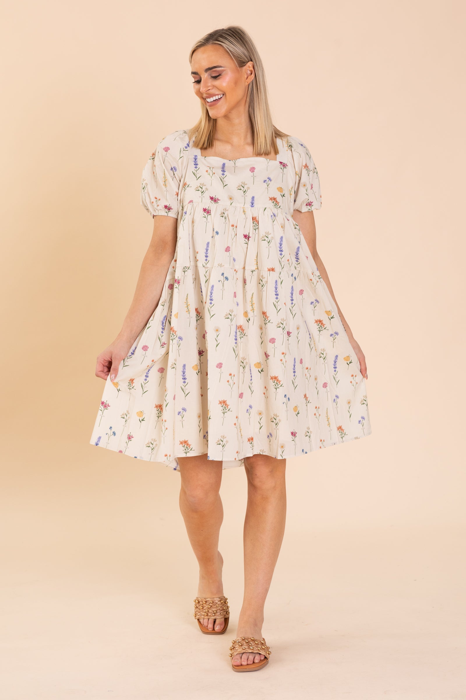 Beige Floral Print Dress With Flutter Sleeve