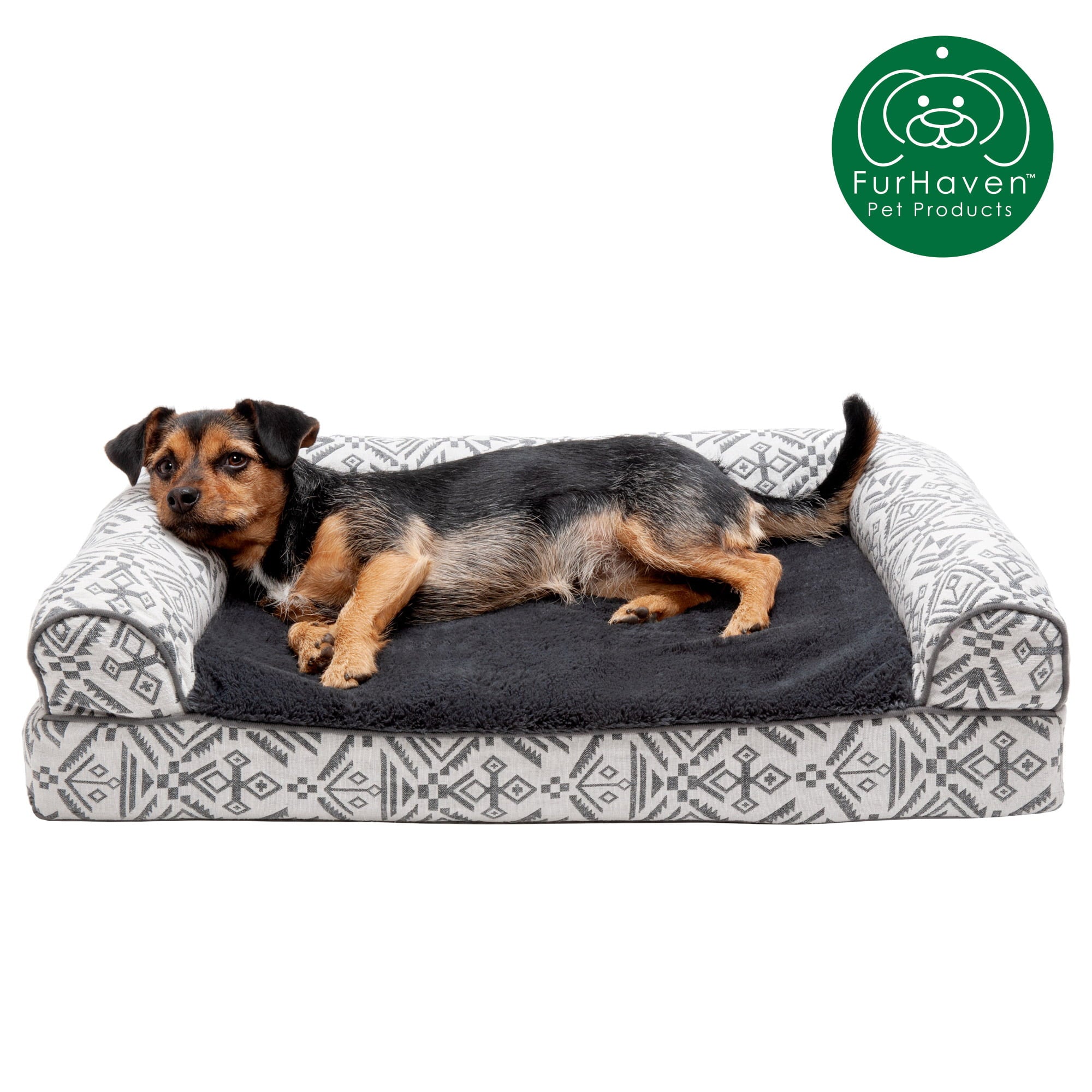 FurHaven Pet Products | Cooling Gel Memory Foam Orthopedic Southwest Kilim Sofa-Style Couch Pet Bed for Dogs and Cats， Boulder Gray， Medium