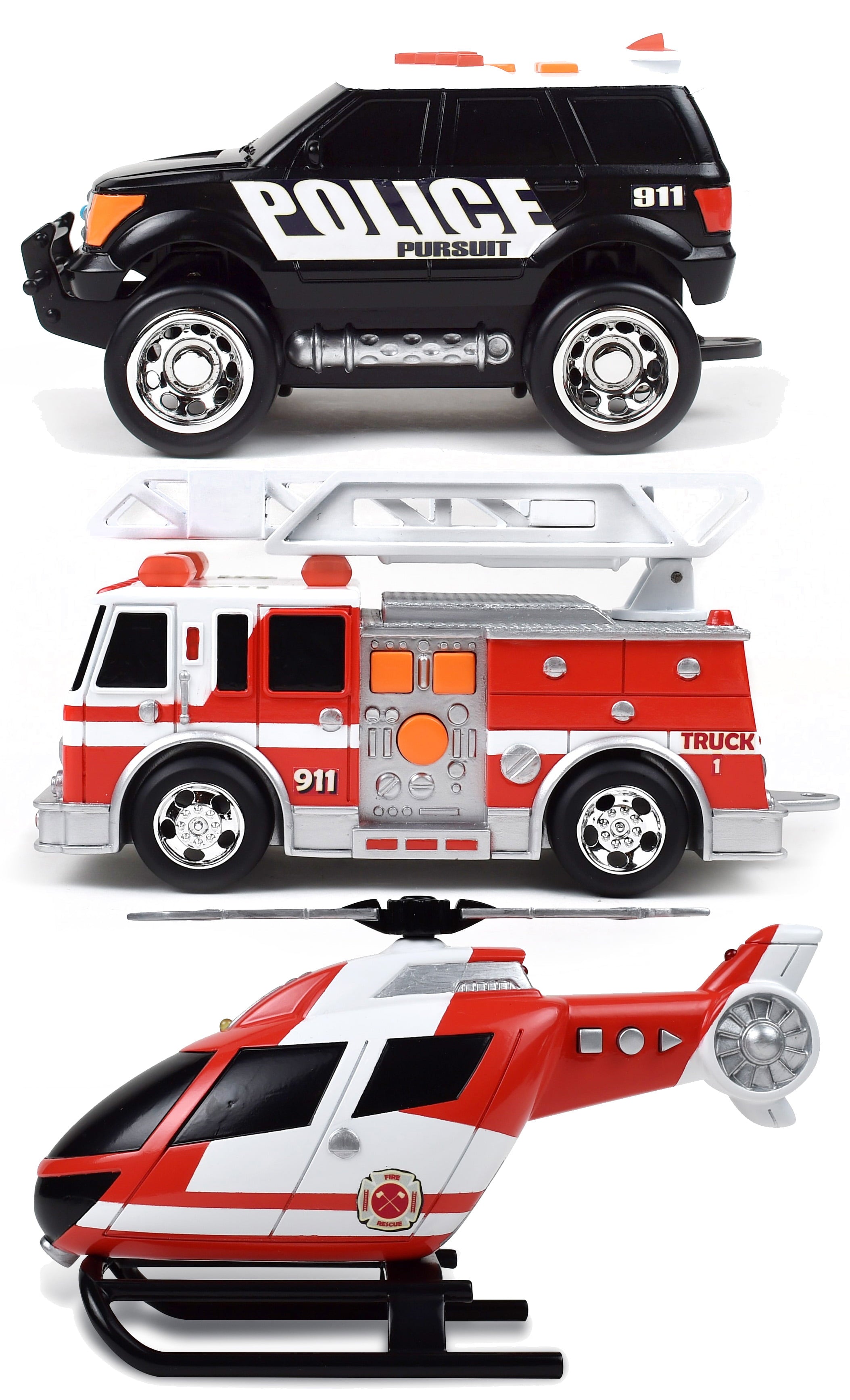 Maxx Action Mini Rescue Lights and Sounds Play Vehicles Set， Firetruck， Police Car and Helicopter