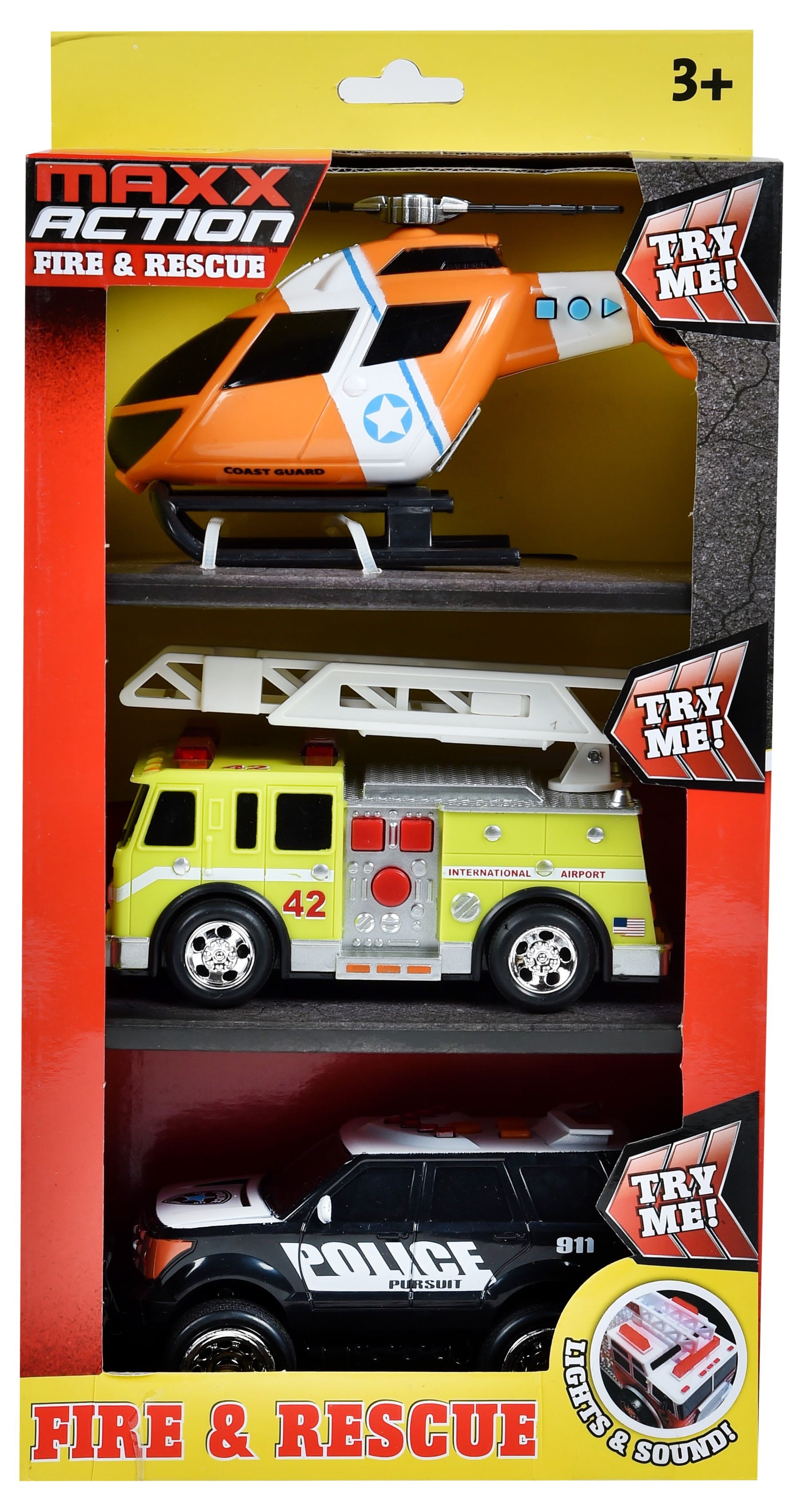 Maxx Action Mini Rescue Lights and Sounds Play Vehicles Set， Firetruck， Police Car and Helicopter