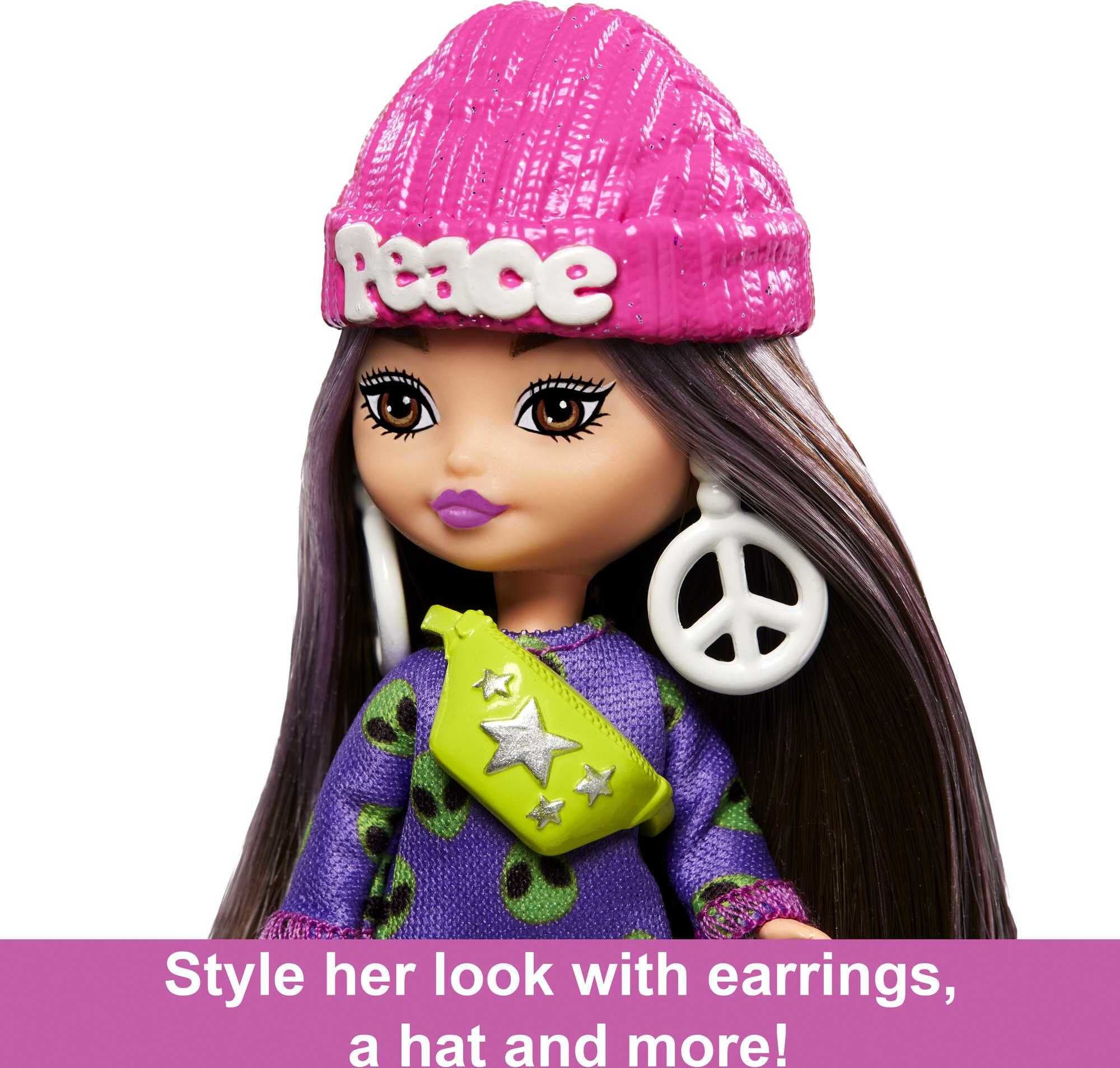 Barbie Extra Mini Minis Doll with Brunette Hair, Alien Sweater Dress & Peace-Sign Themed Accessories