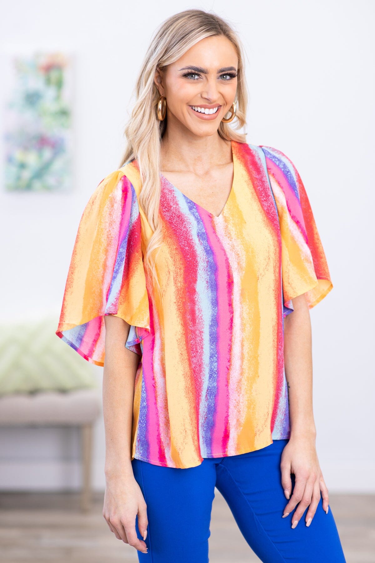 Red and Yellow Multicolor Vertical Stripe Top