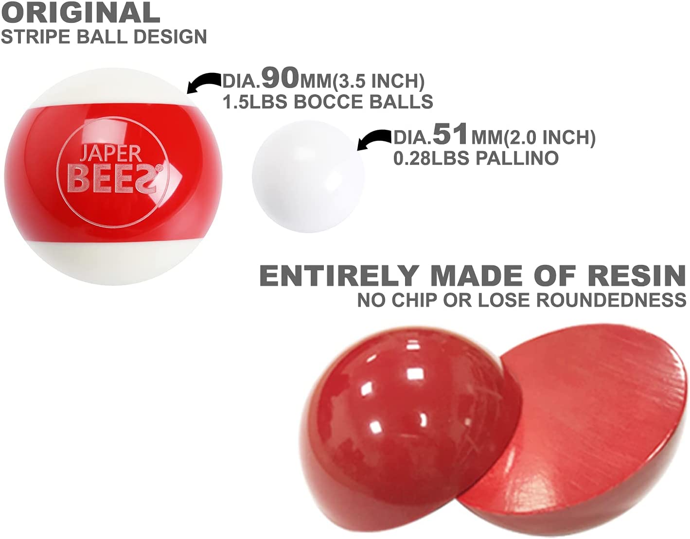 JAPER BEES Bocce Ball Set 90mm Entire polyresin Outdoor Lawn Games for Family with 8 Balls 1 Pallino Measuring Rope Canvas Carrying Case