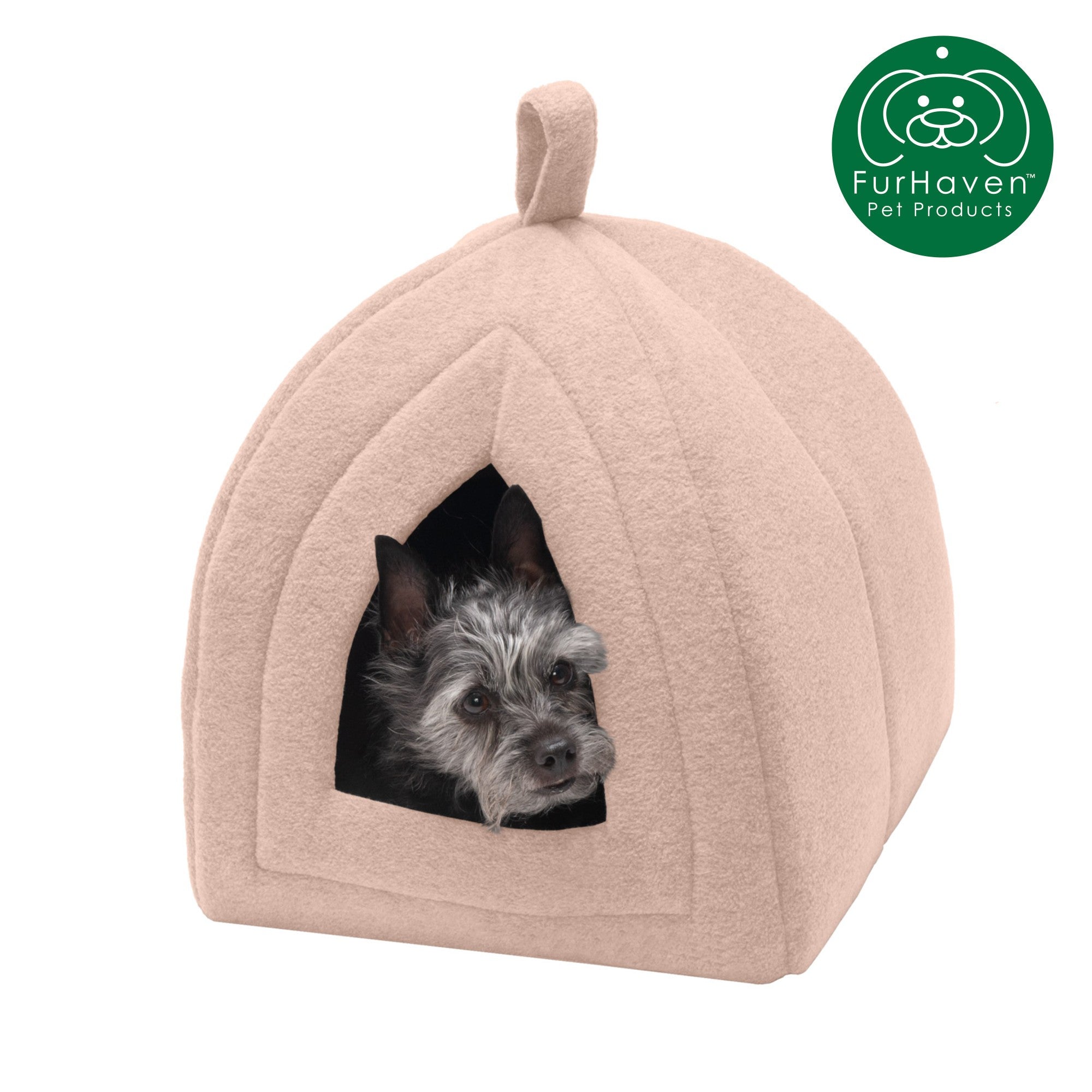 FurHaven | Fleece Hooded Tent House Pet Bed for Cats and Small Dogs， Beige Buff