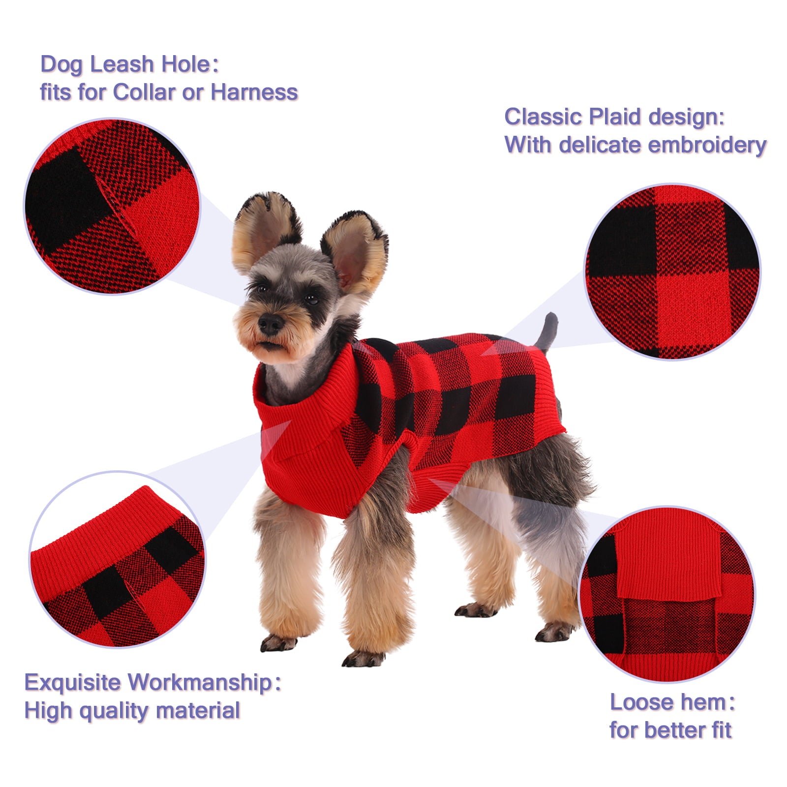 Kuoser Acrylic Plaid Dog Coat Sweater， Red， XS/XL