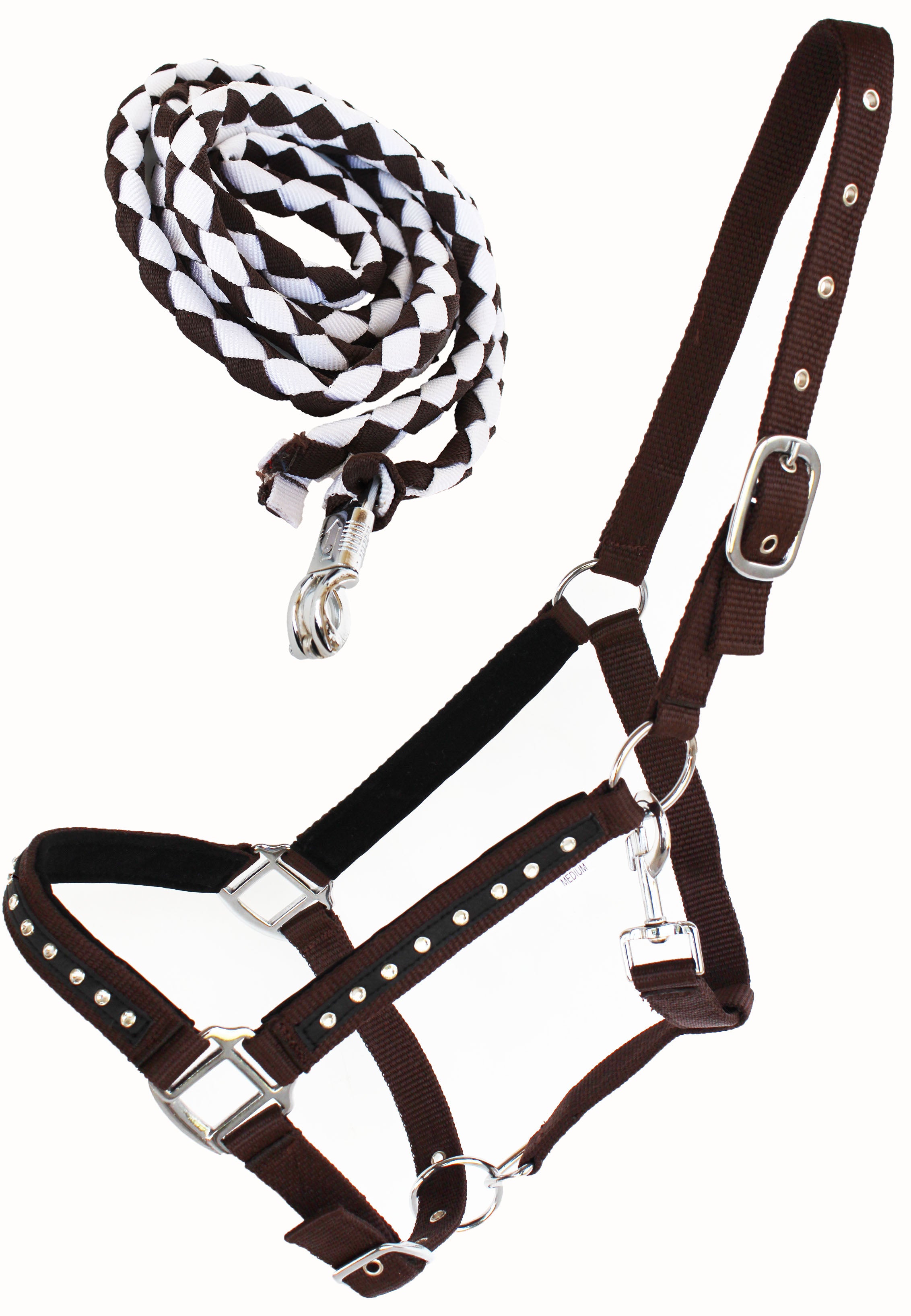 Nylon Horse Padded Halter Noseband w/ Lead Rope Tack Brown 606164