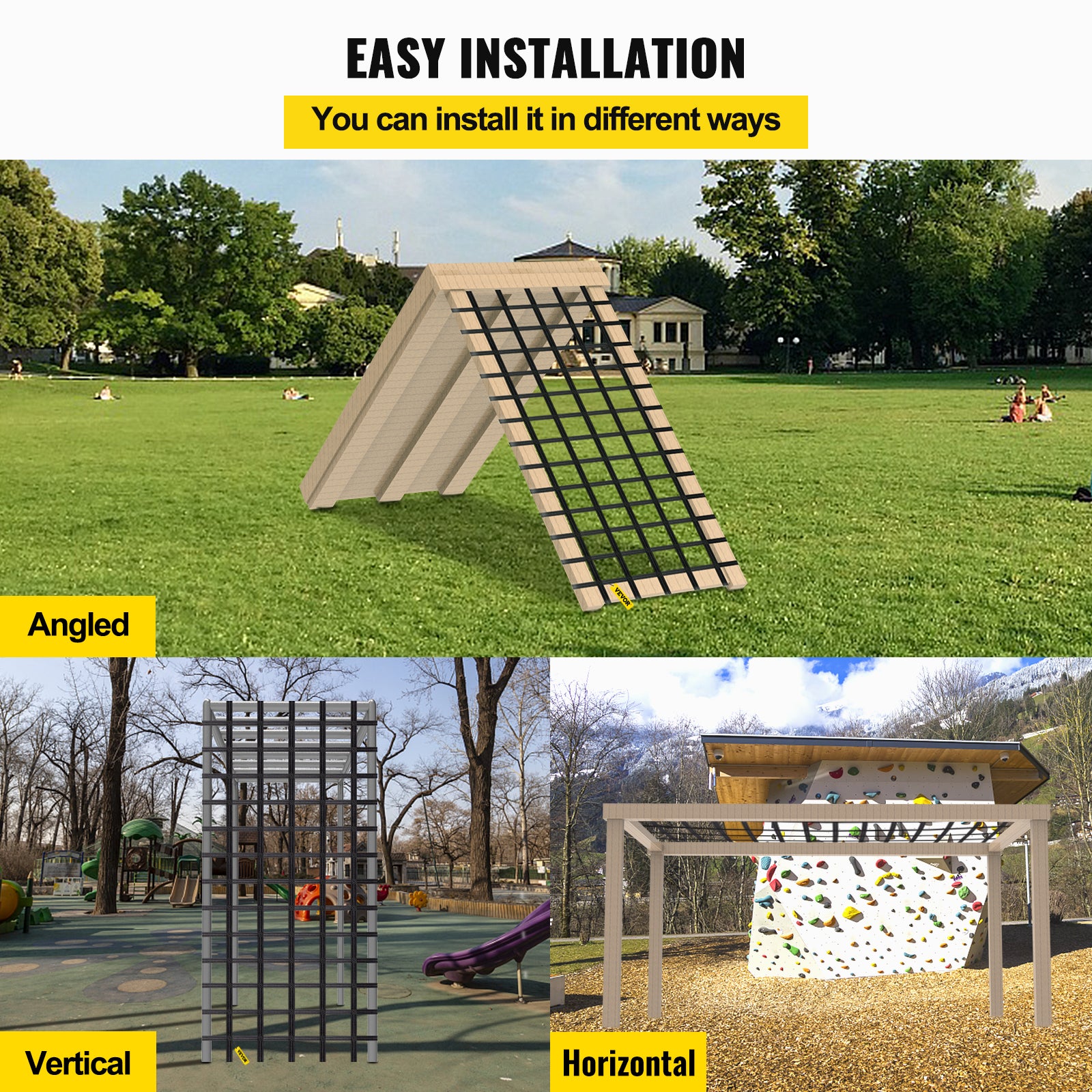 VEVOR Climbing Cargo Net， 10' x 4' Playground Climbing Net， Polyester Material， Rope Ladder， Swingset， Large Military Climbing Cargo Net for Kids and Adult， Indoor and Outdoor， Treehouse， Jungle Gyms