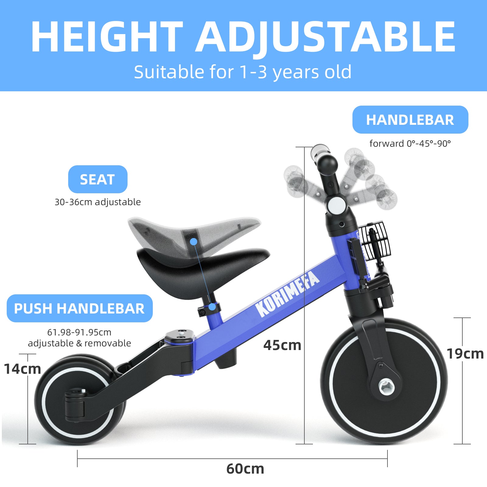 KORIMEFA Kids Tricycle with Push Handle， Kids Push Trike for Boys Girls Toddler Bike， First Birthday Gift