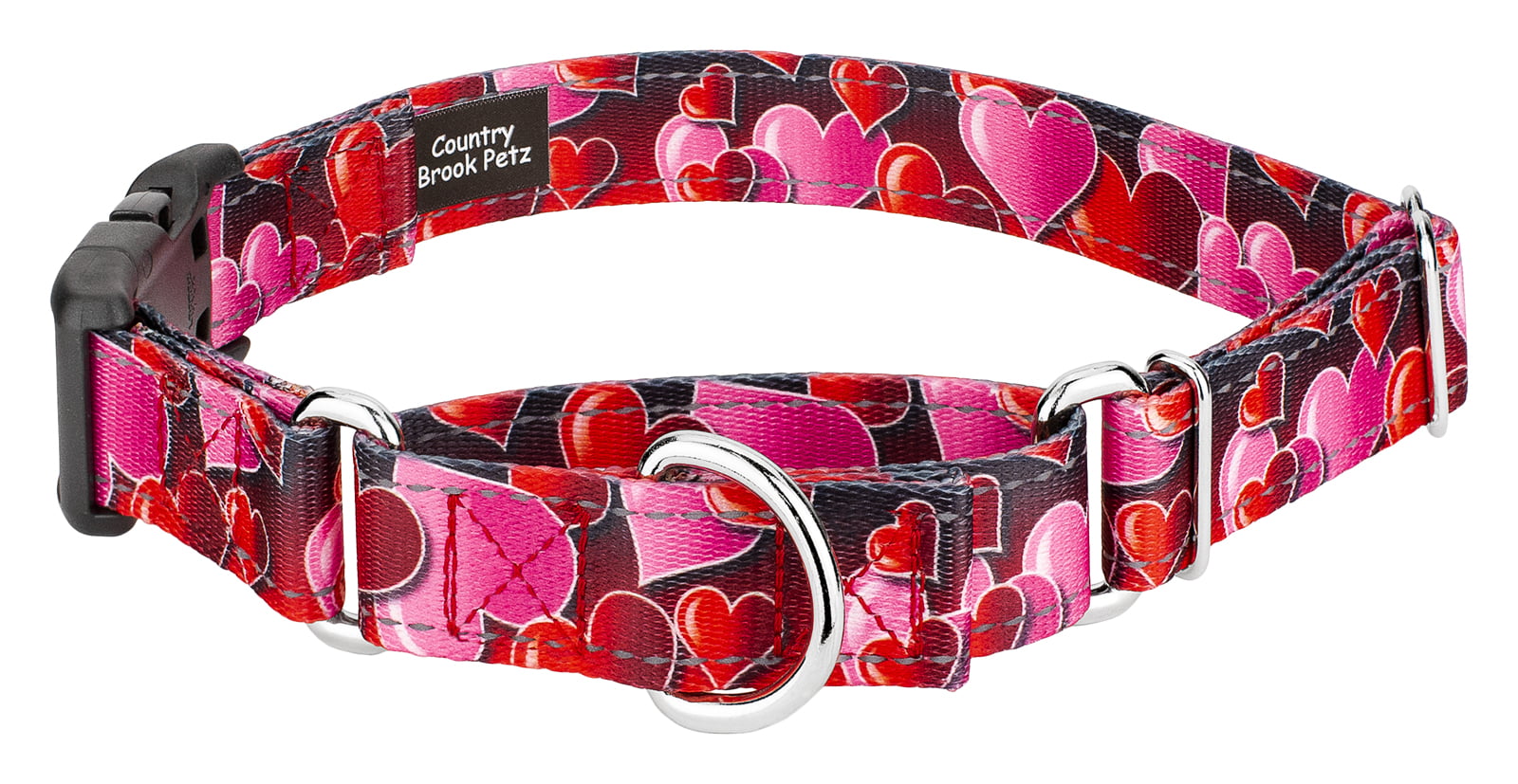 Country Brook Petz® Romantic Hearts Reflective Martingale Dog Collar with Deluxe Buckle， Extra Large