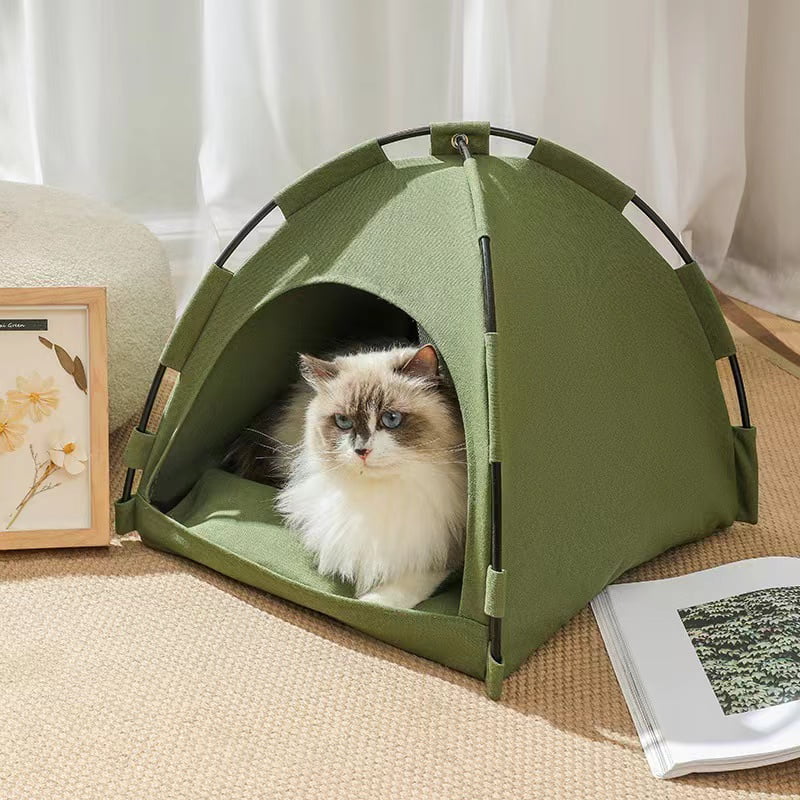 Cat Tent for Indoor Outdoor Cats， Kitten Bed，Cat Cave Bed，Warm Enclosed Covered Cat Tent，Outdoor Cave Bed House for Cats，Puppy or Small Pets(15.8'' x 15.8''  x 13.8''， Green)