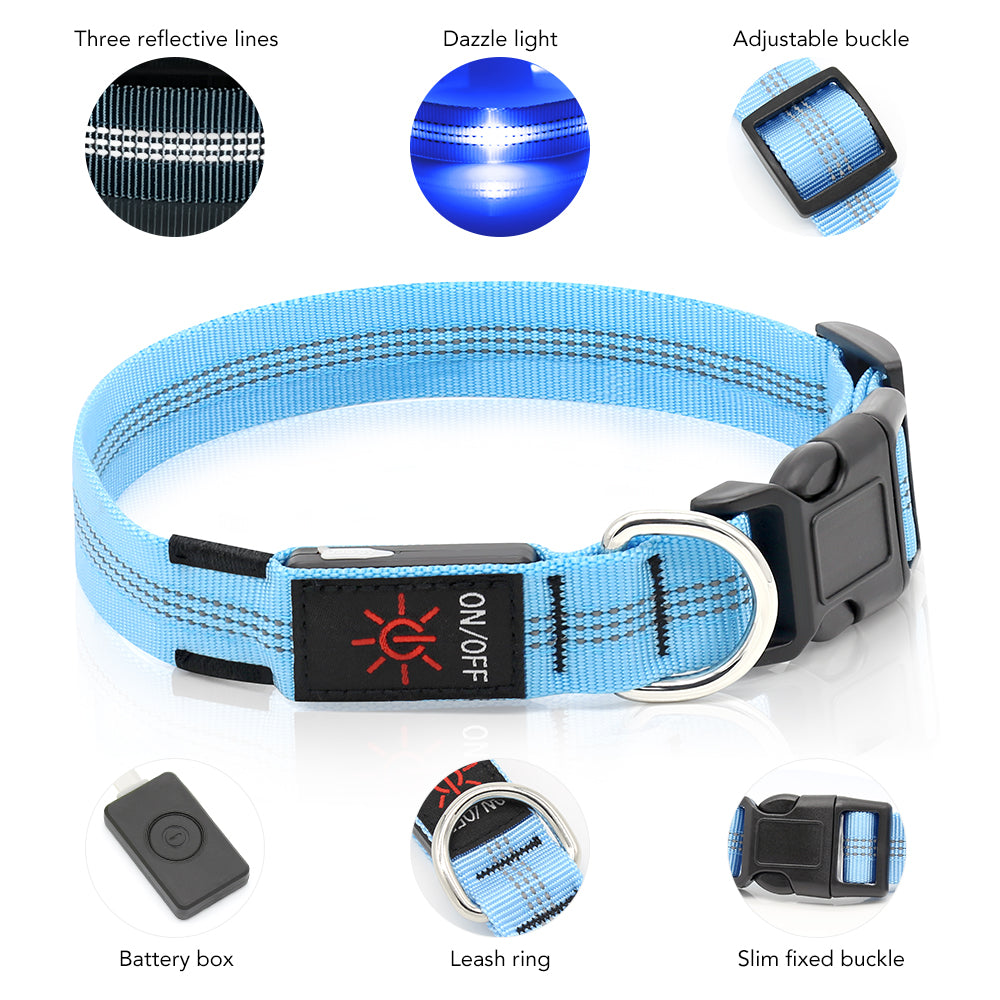 Bseen LED Dog Collar - Light up Dog Collar USB Rechargeable for Night Dog Walking(Blue， Large)