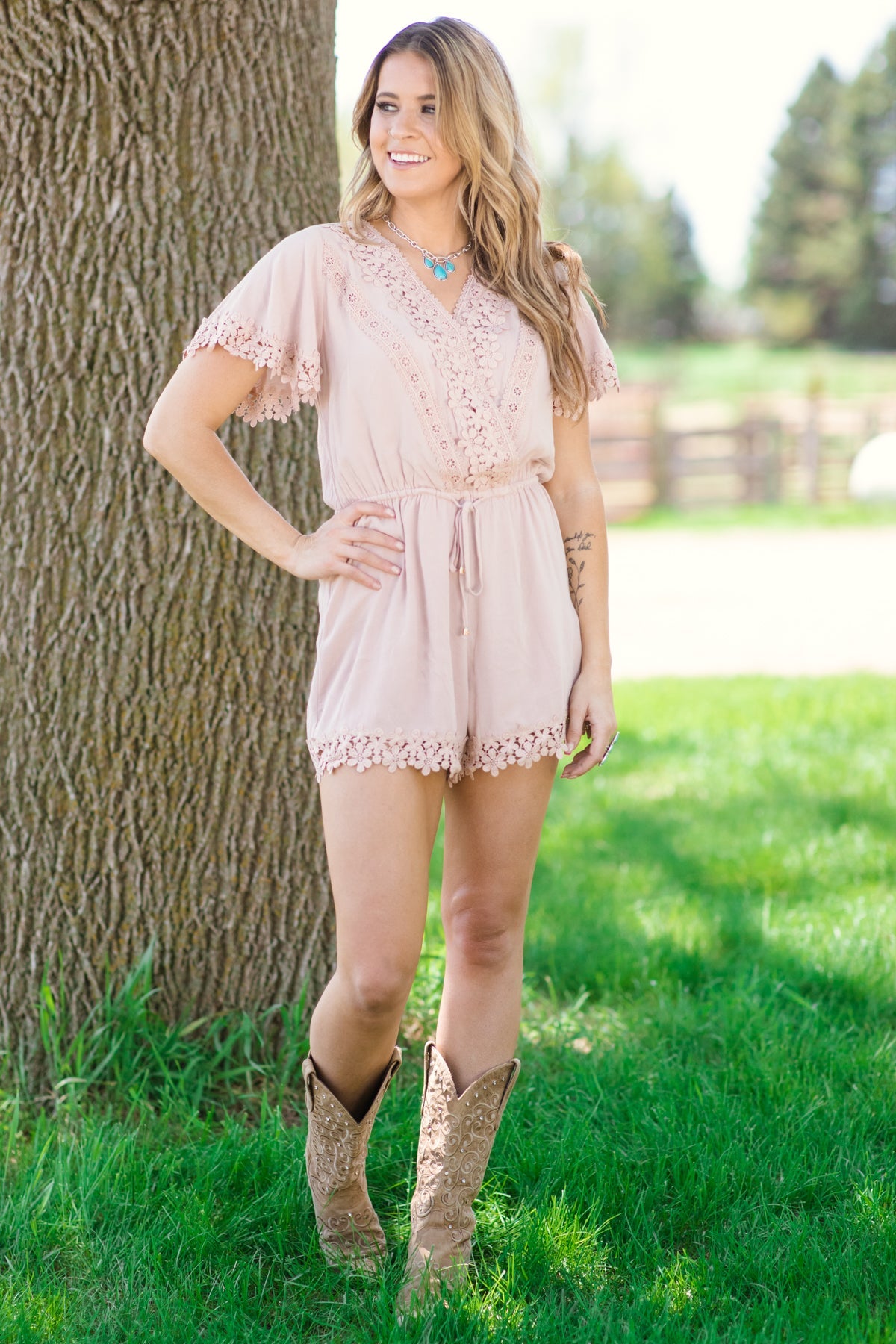 Tan Crochet Trim Short Sleeve Romper