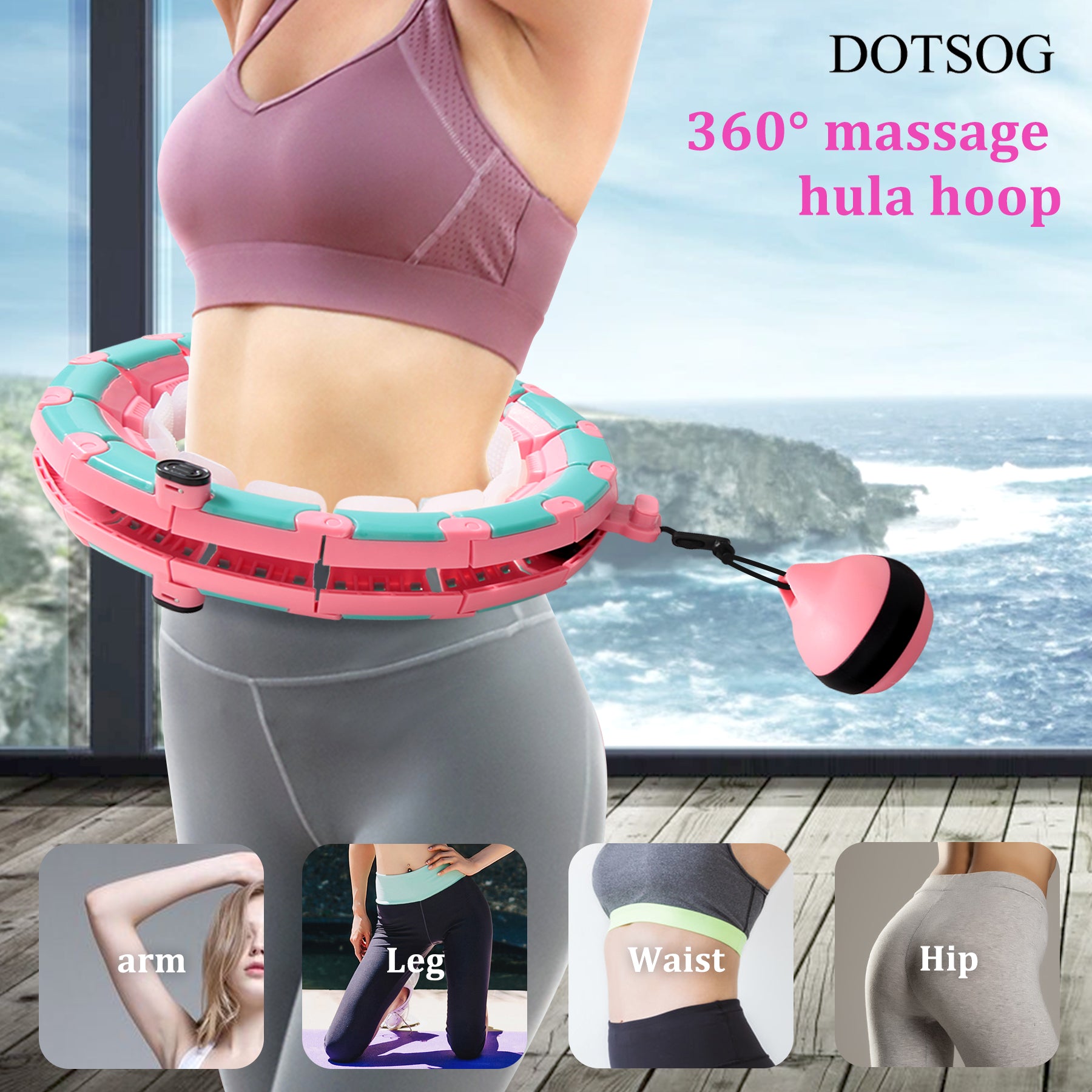 DOTSOG Weighted Intelligent Hula Hoop for Adults Beginners Won‘t Fall， Abdomen Fitness Increase Beauty， Fit Ness Weight Loss and Massage， 24 Knots Detachable PinkandGreen