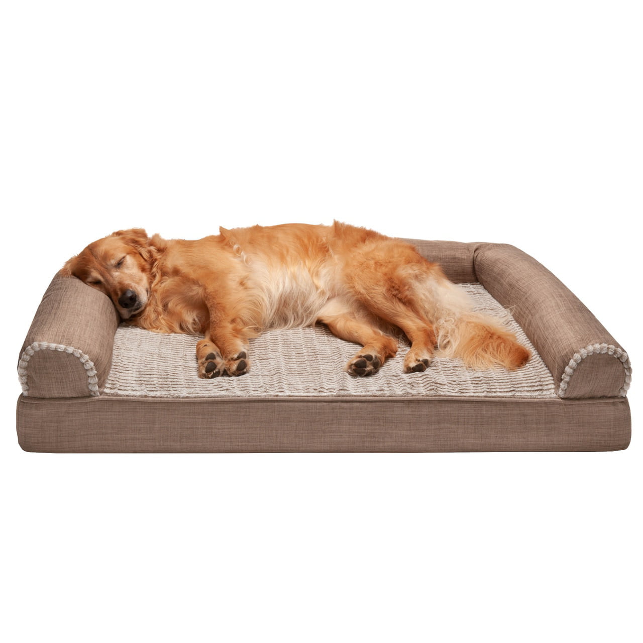 FurHaven | Orthopedic Luxe Fur and Performance Linen Sofa Pet Bed for Dogs and Cats， Woodsmoke， Jumbo