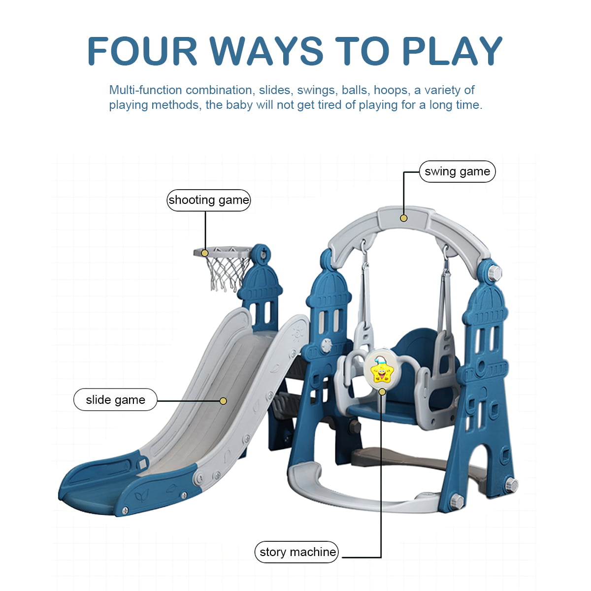 4 in 1 Toddler Slide and Swing Set， Kid Indoor Playground， Combination Slide Swing with Basketball Hoop， Extra Long Slide