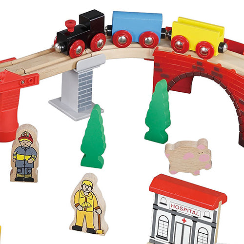 Giant 60 Piece Wooden Train Set - Complete Toy Railway for Ages 3-8 with Tracks， Engine， Cars， Bridges， Stations， People， Signs. Genuine Hardwood， Durable， Compatible with All Major Brand Accessories
