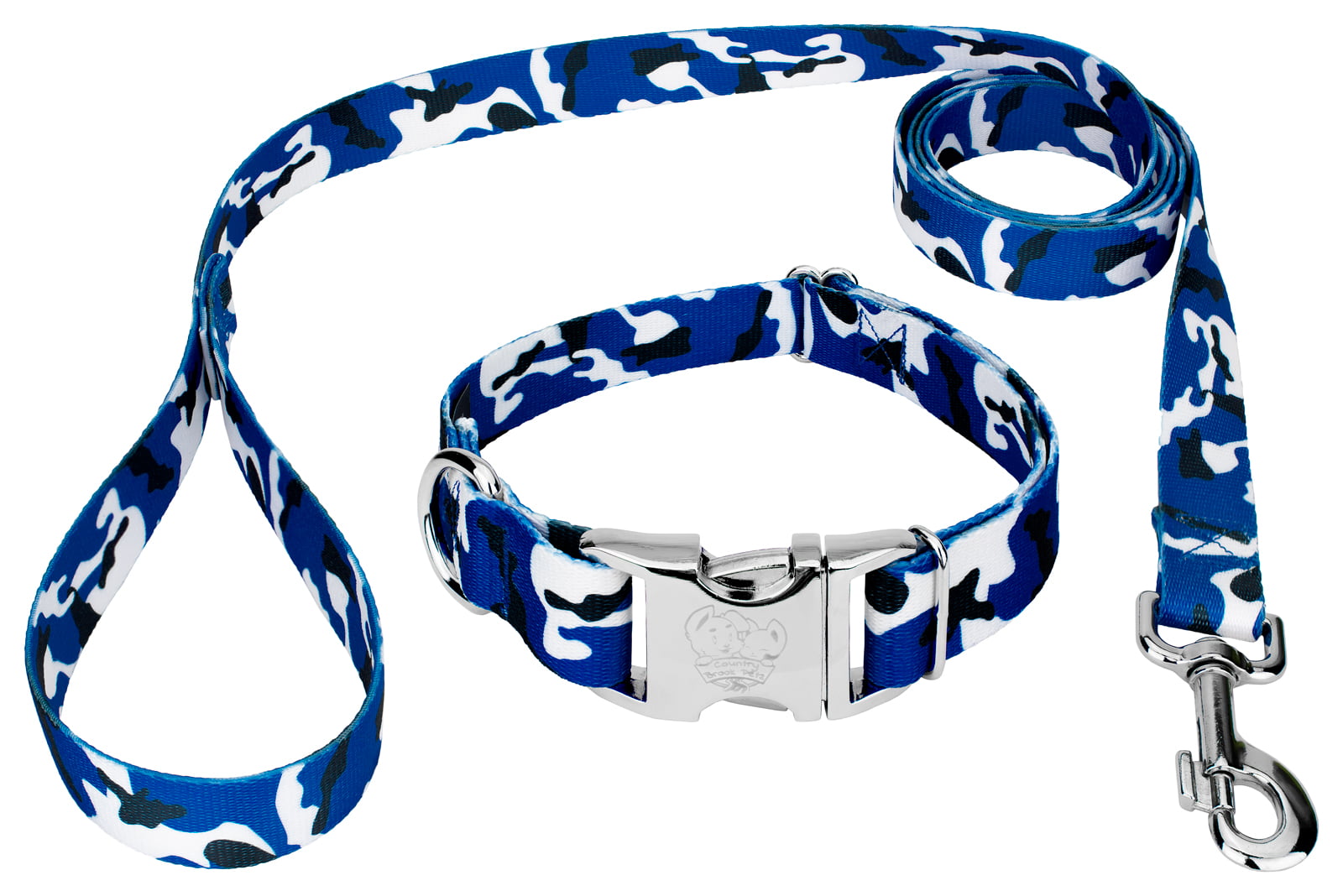 Country Brook Petz® Premium Royal Blue and White Camo Dog Collar and Leash， Extra Large